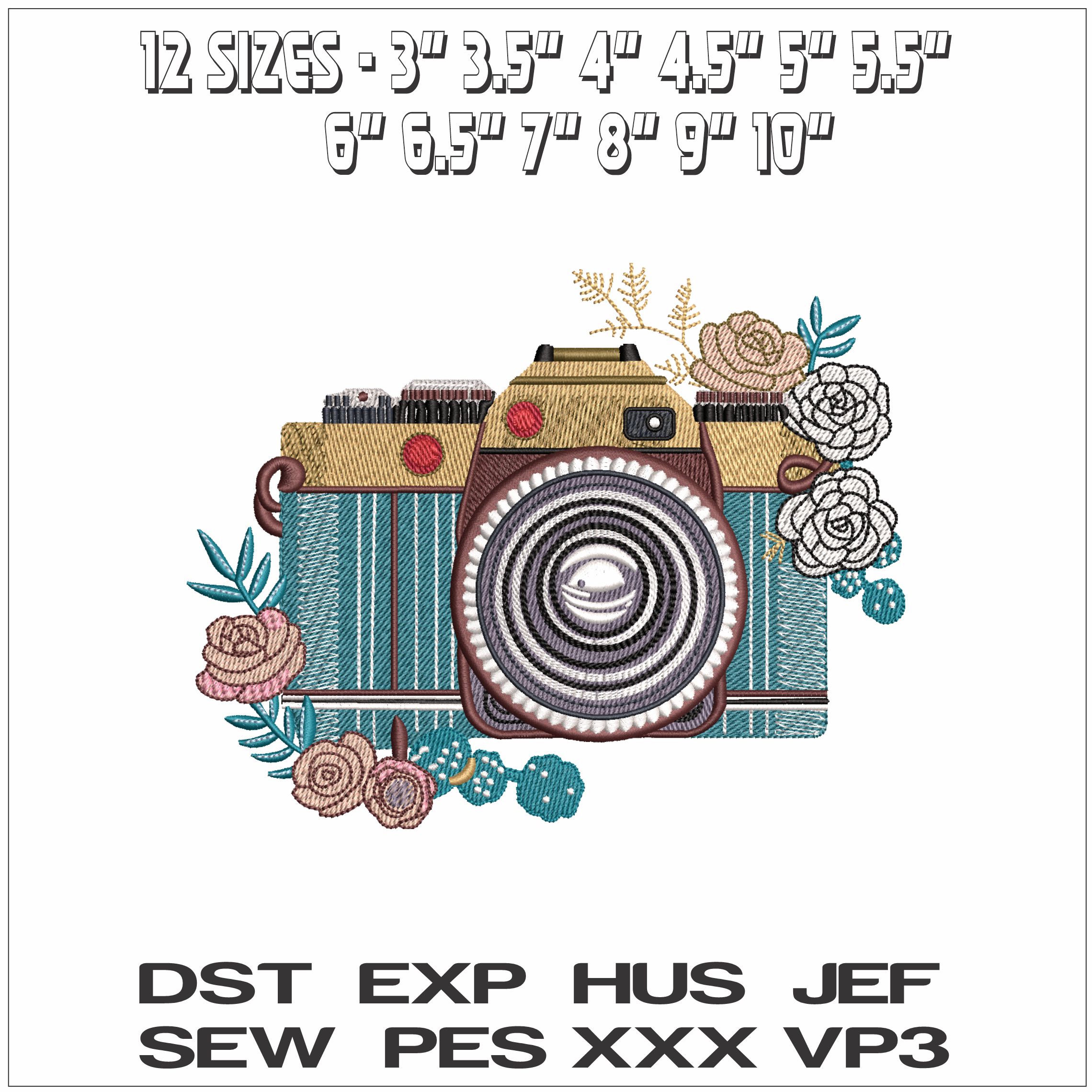 Camera with flowers- Elegant embroidery design file - instant download — view 2