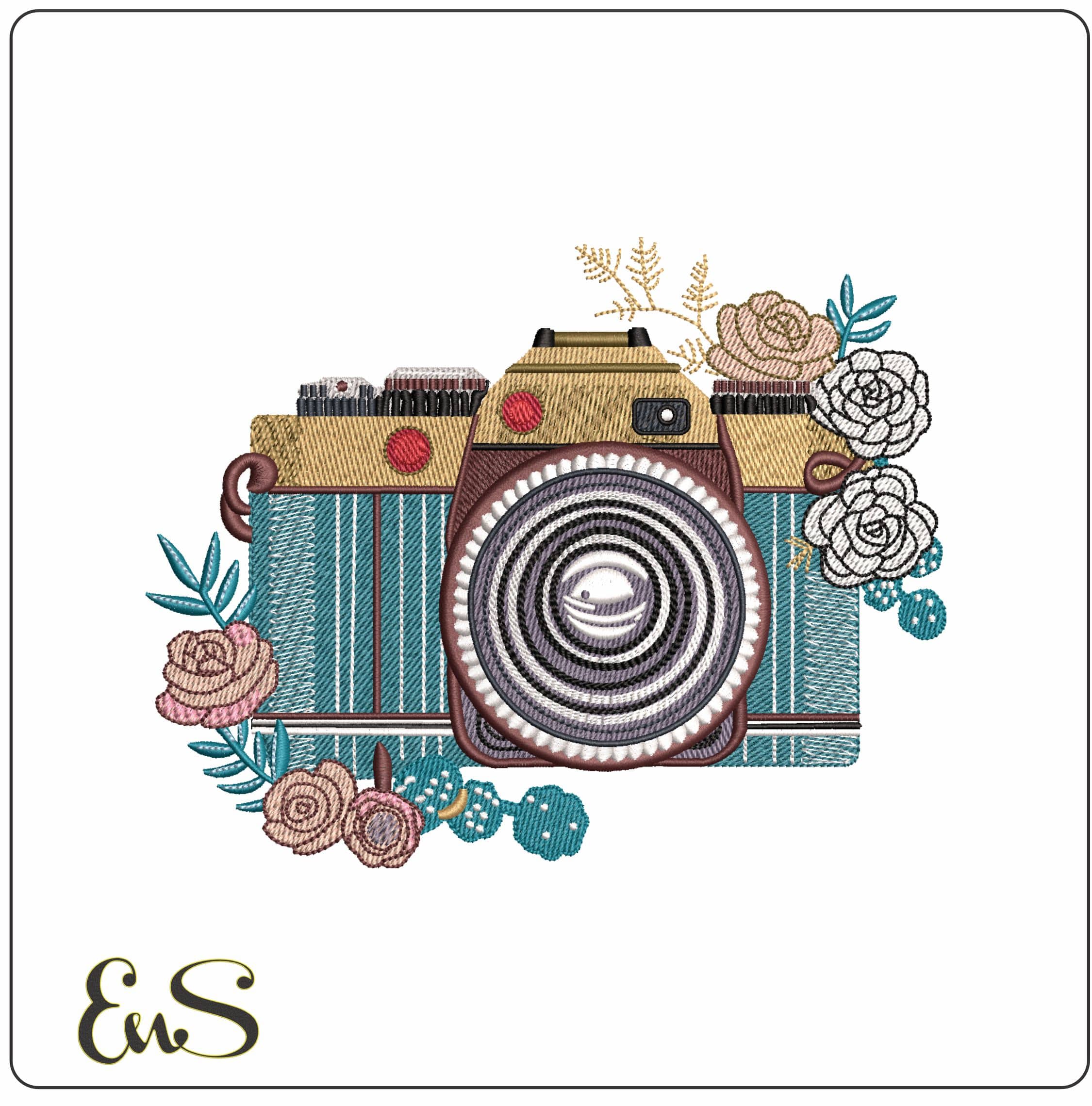 Camera with flowers- Elegant embroidery design file - instant download