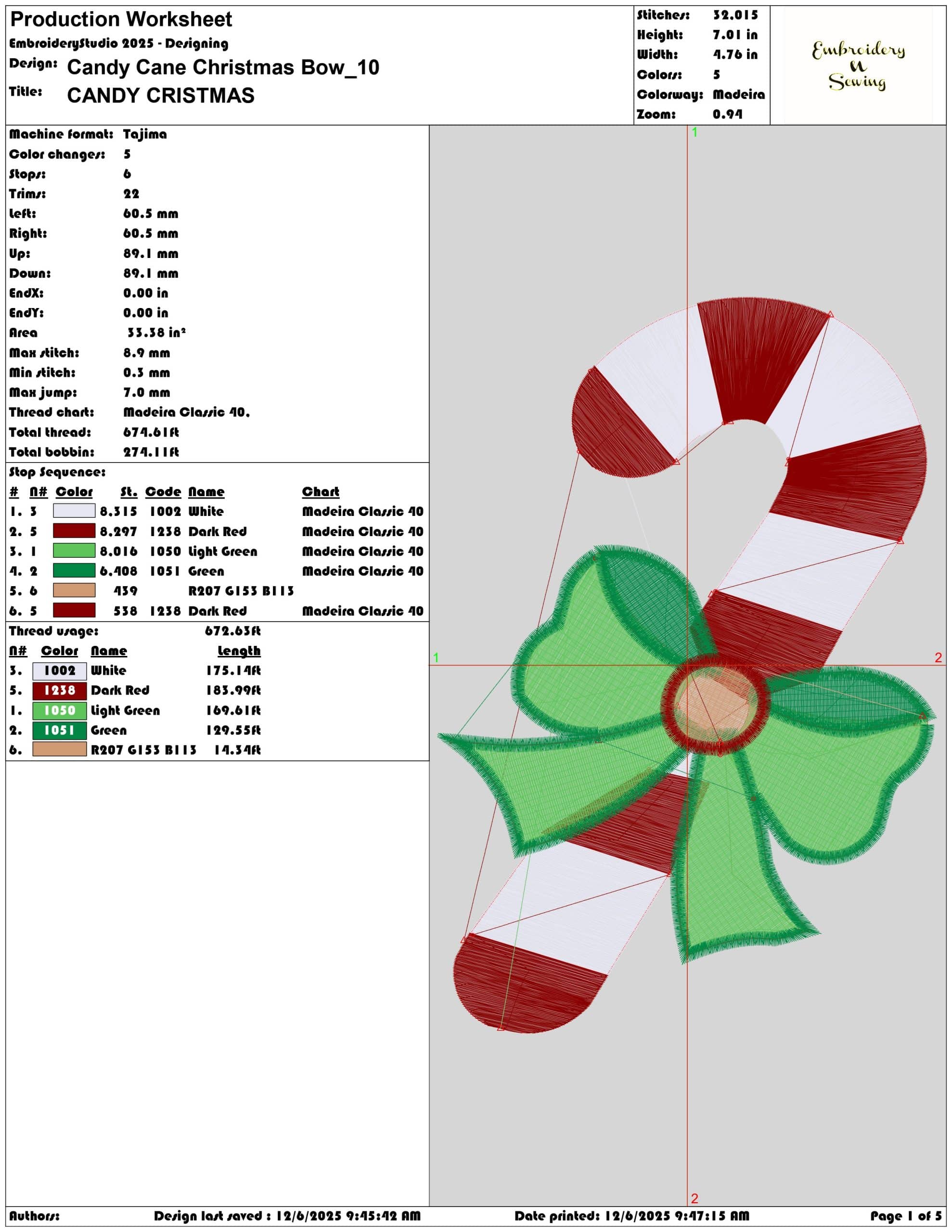 Candy Cane Christmas Bow- Elegant embroidery design file - instant download — view 3