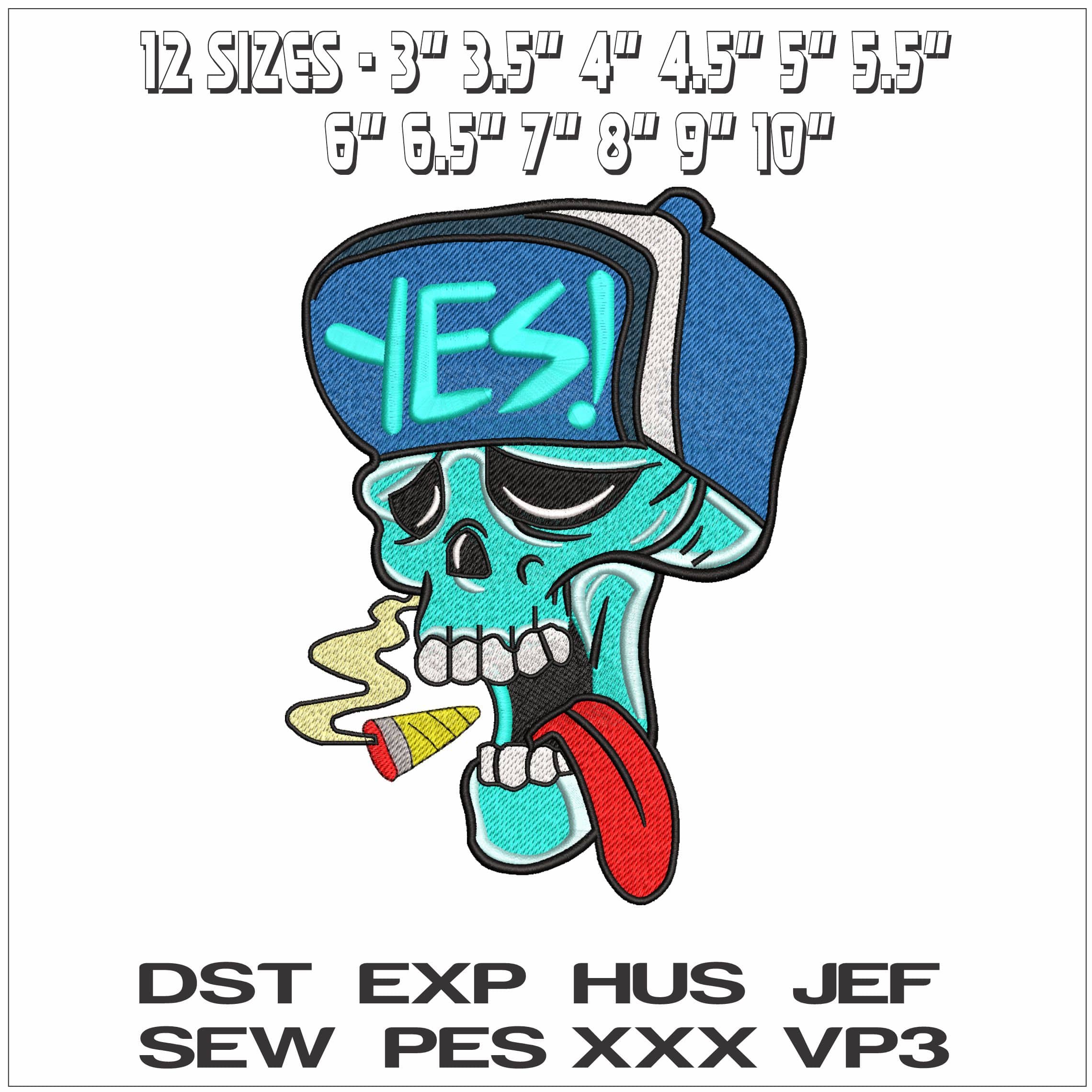Cartoon Skull Yes Hat and Smoking- Elegant embroidery design file - instant download — view 2