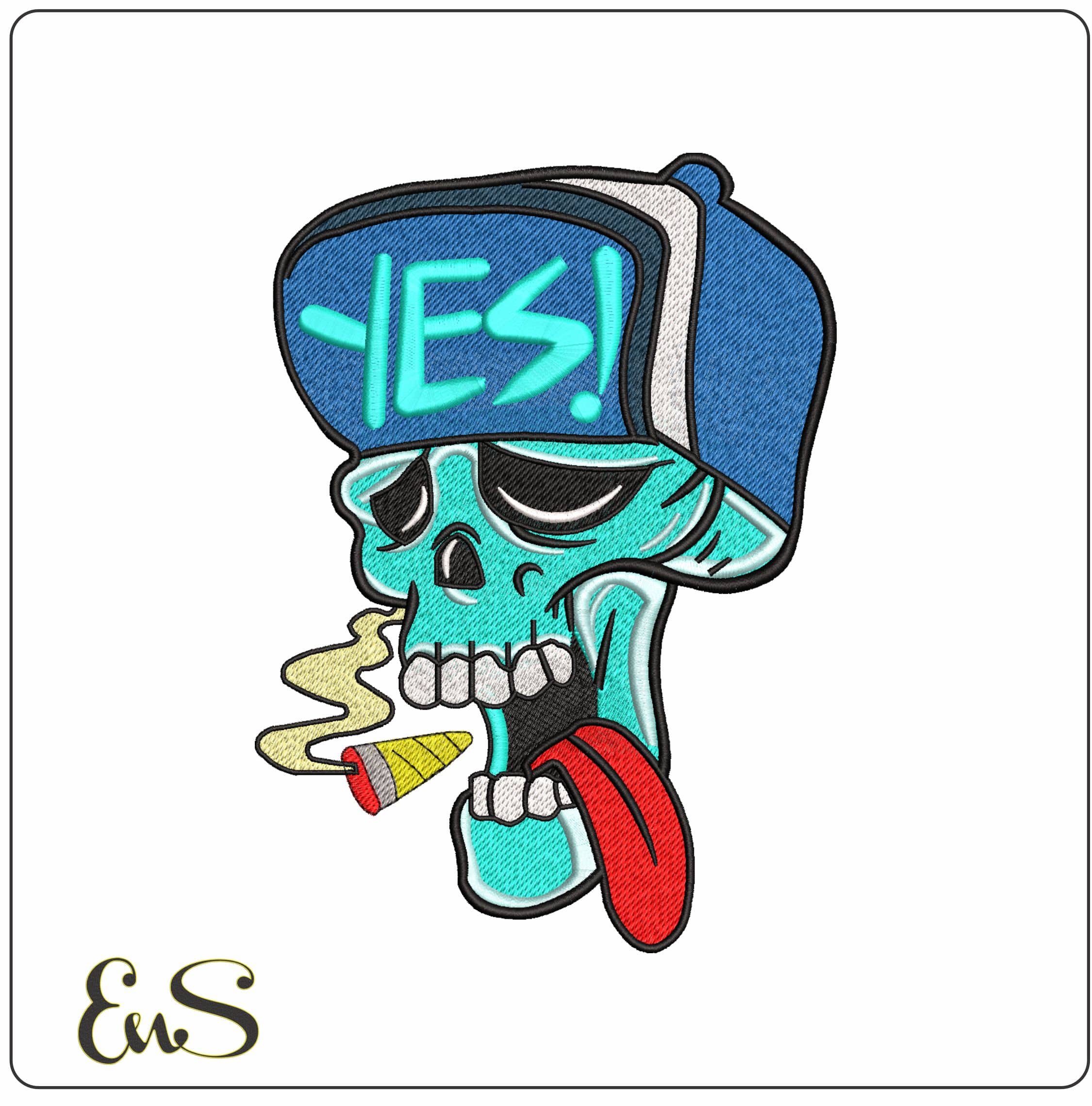 Cartoon Skull Yes Hat and Smoking- Elegant embroidery design file - instant download