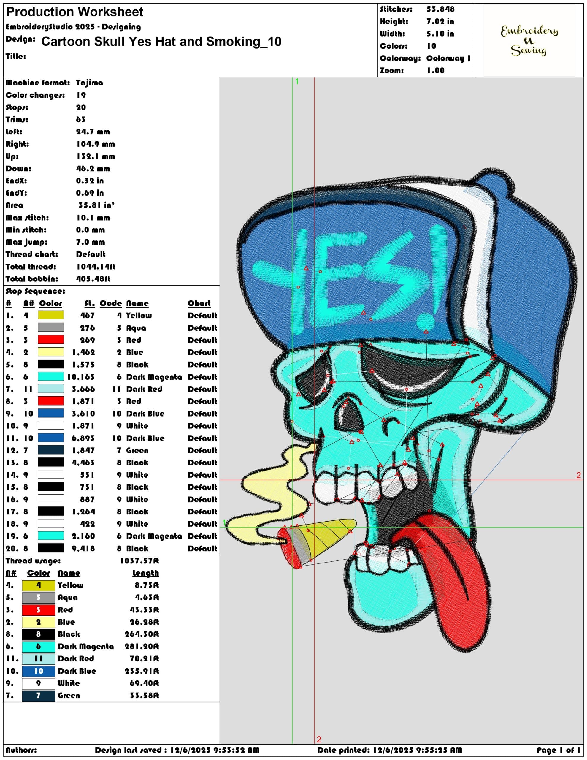 Cartoon Skull Yes Hat and Smoking- Elegant embroidery design file - instant download — view 3