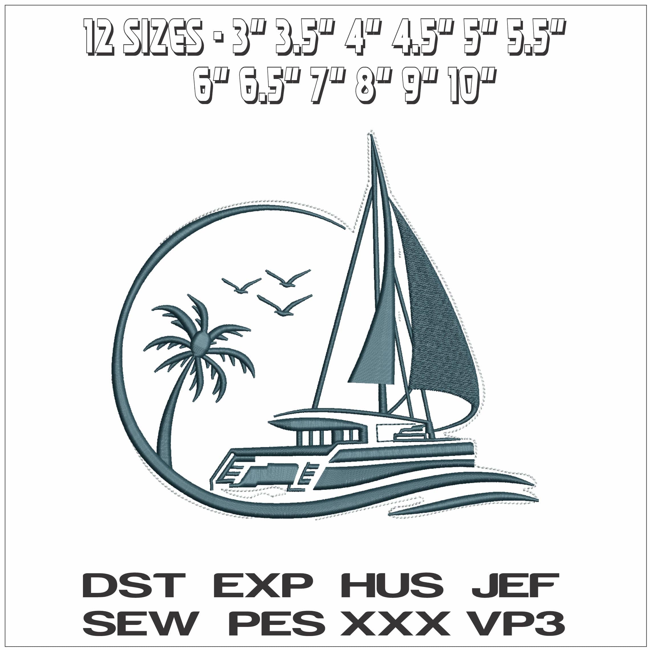Catamaran With Palm Trees- Elegant embroidery design file - instant download — view 2