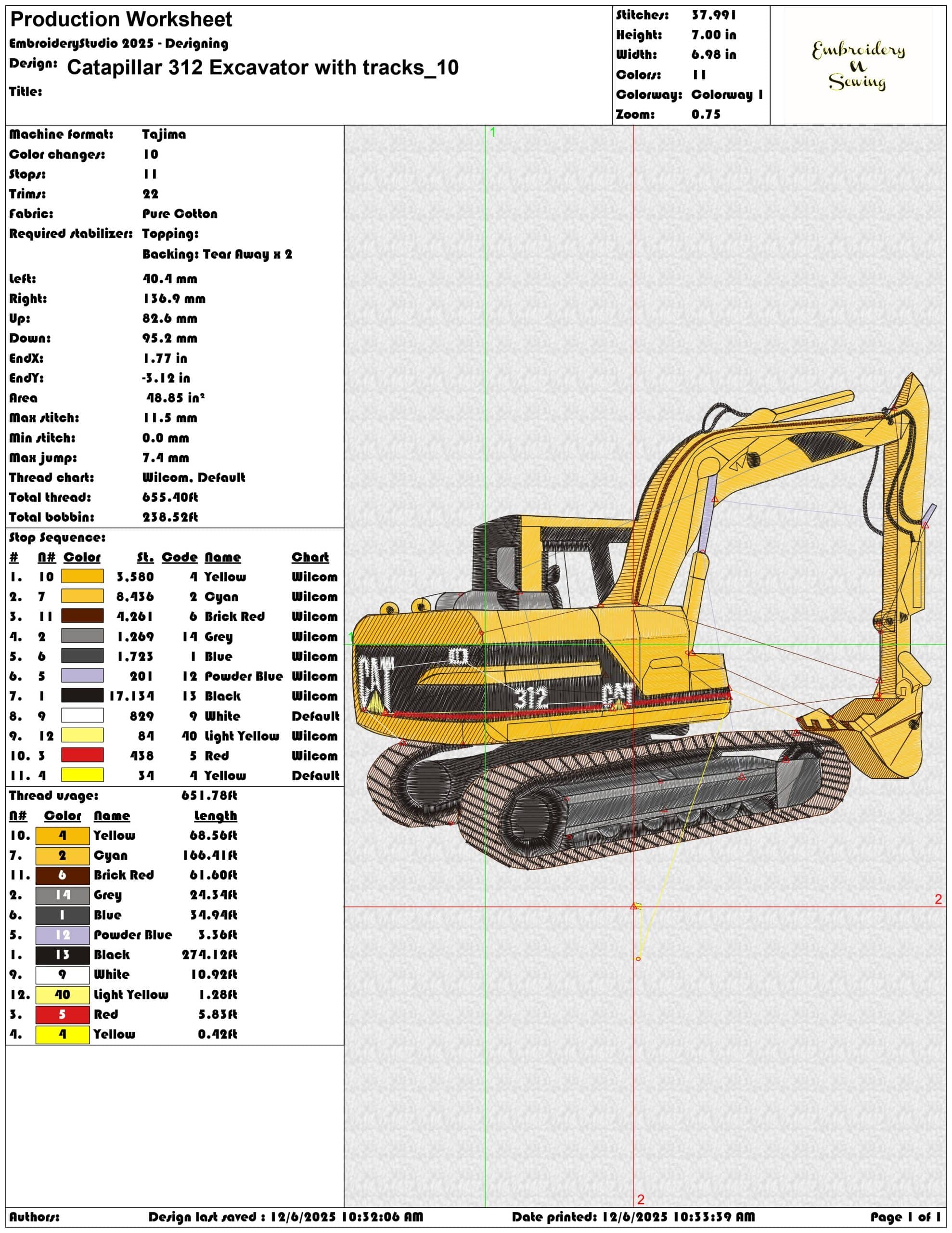 Catapillar 312 Excavator with tracks- Elegant embroidery design file - instant download — view 3