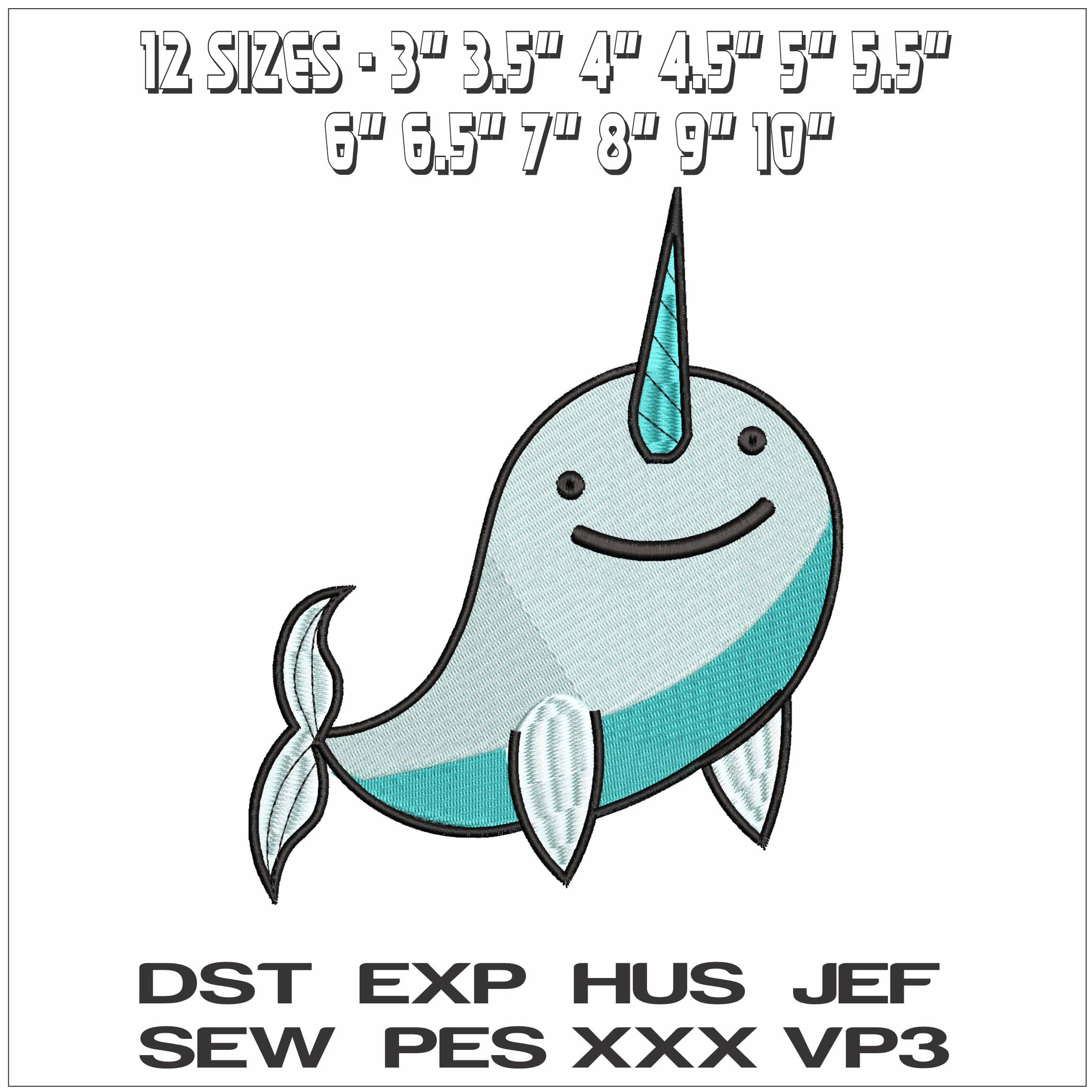 Childrens Long horned Whale- Elegant embroidery design file - instant download — view 2