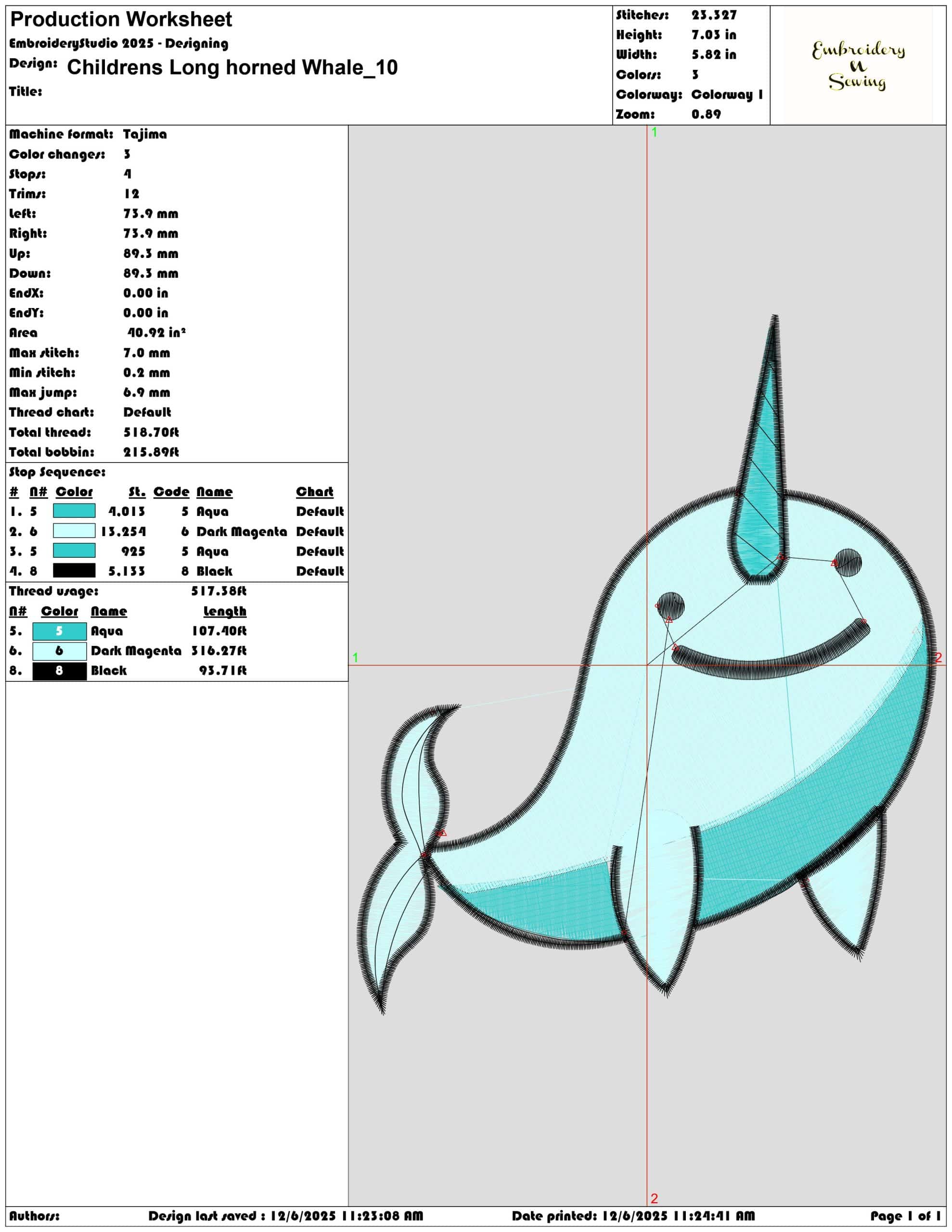 Childrens Long horned Whale- Elegant embroidery design file - instant download — view 3