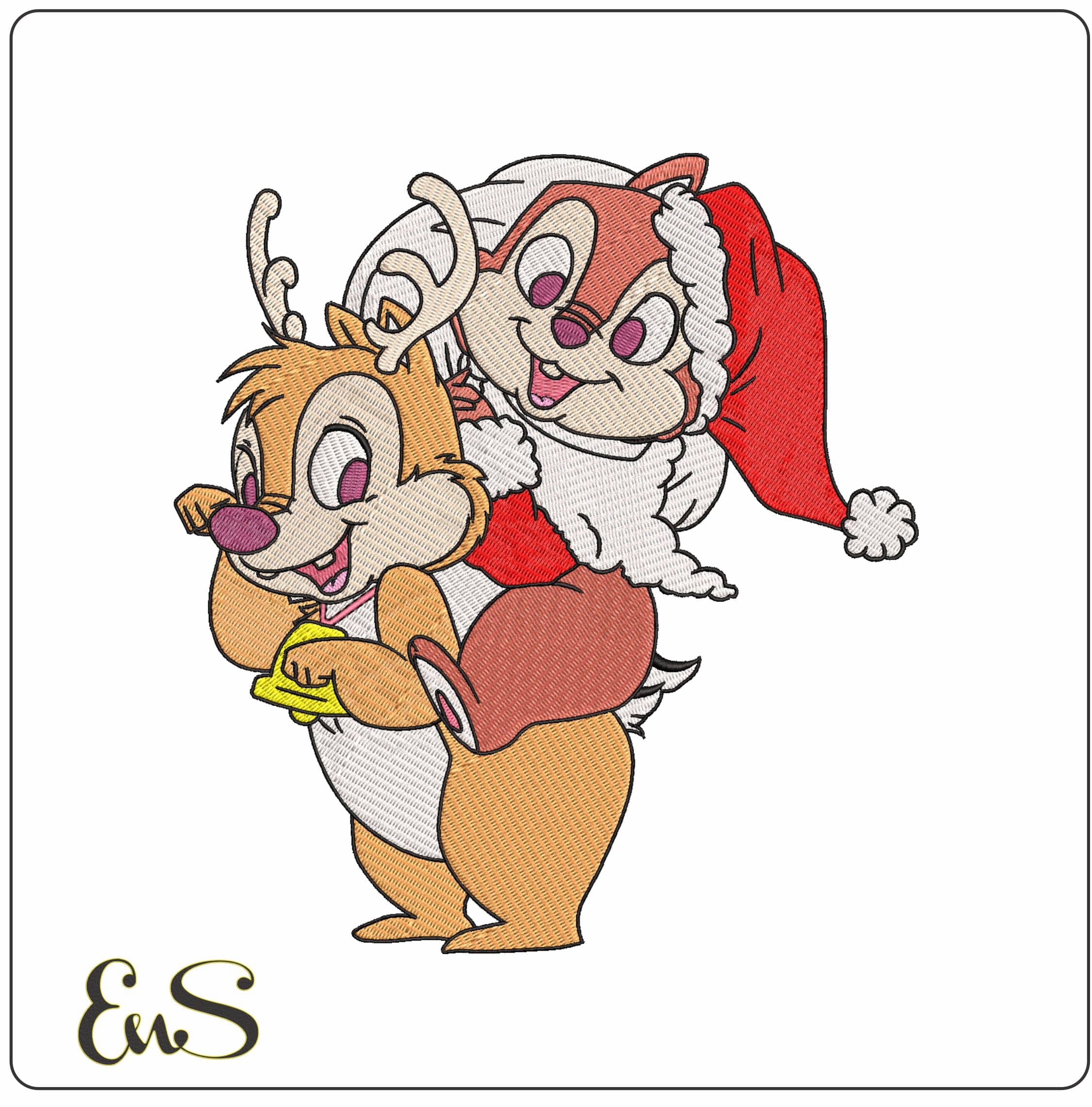 Chip and Dale as Reindeer and Santa- Elegant embroidery design file - instant download