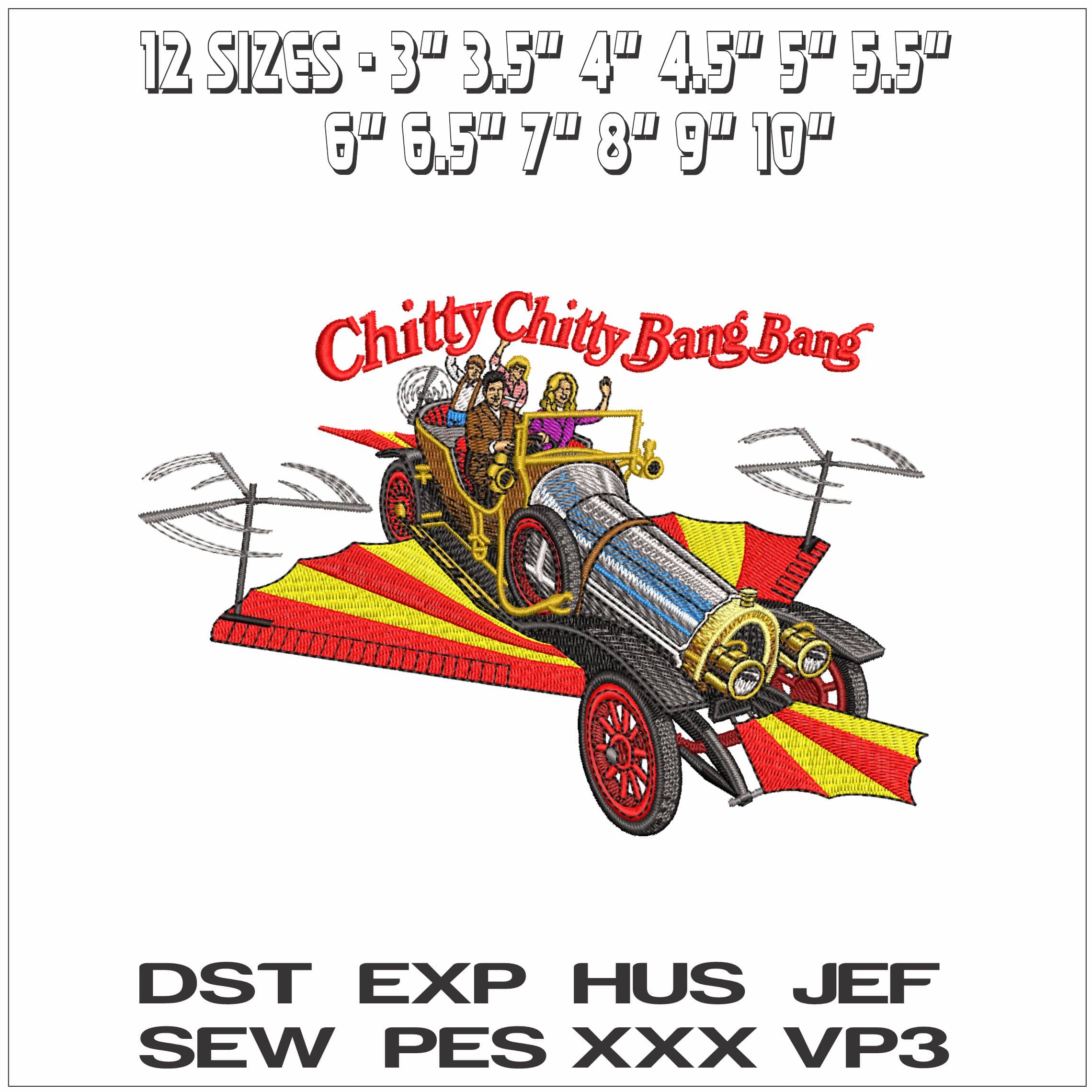 Chitty Chitty Bang Bang with people and name- Elegant embroidery design file - instant download — view 2