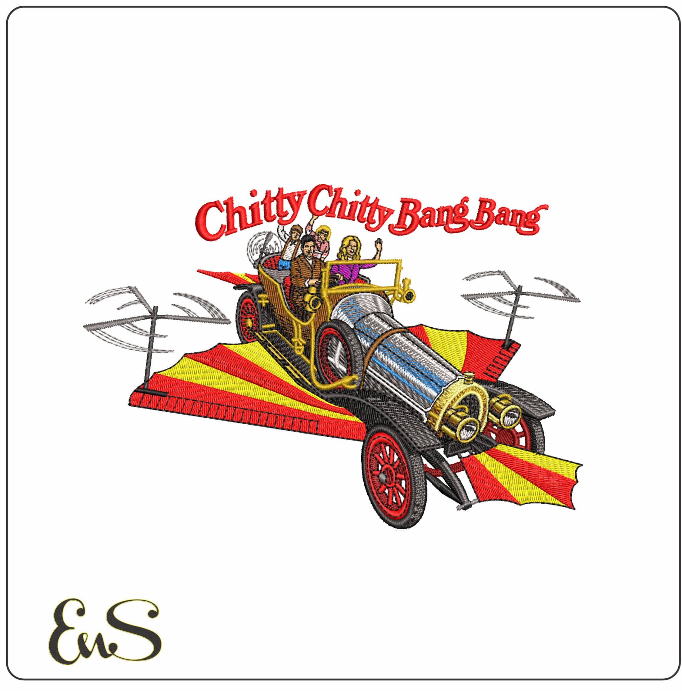 Chitty Chitty Bang Bang with people and name- Elegant embroidery design file - instant download