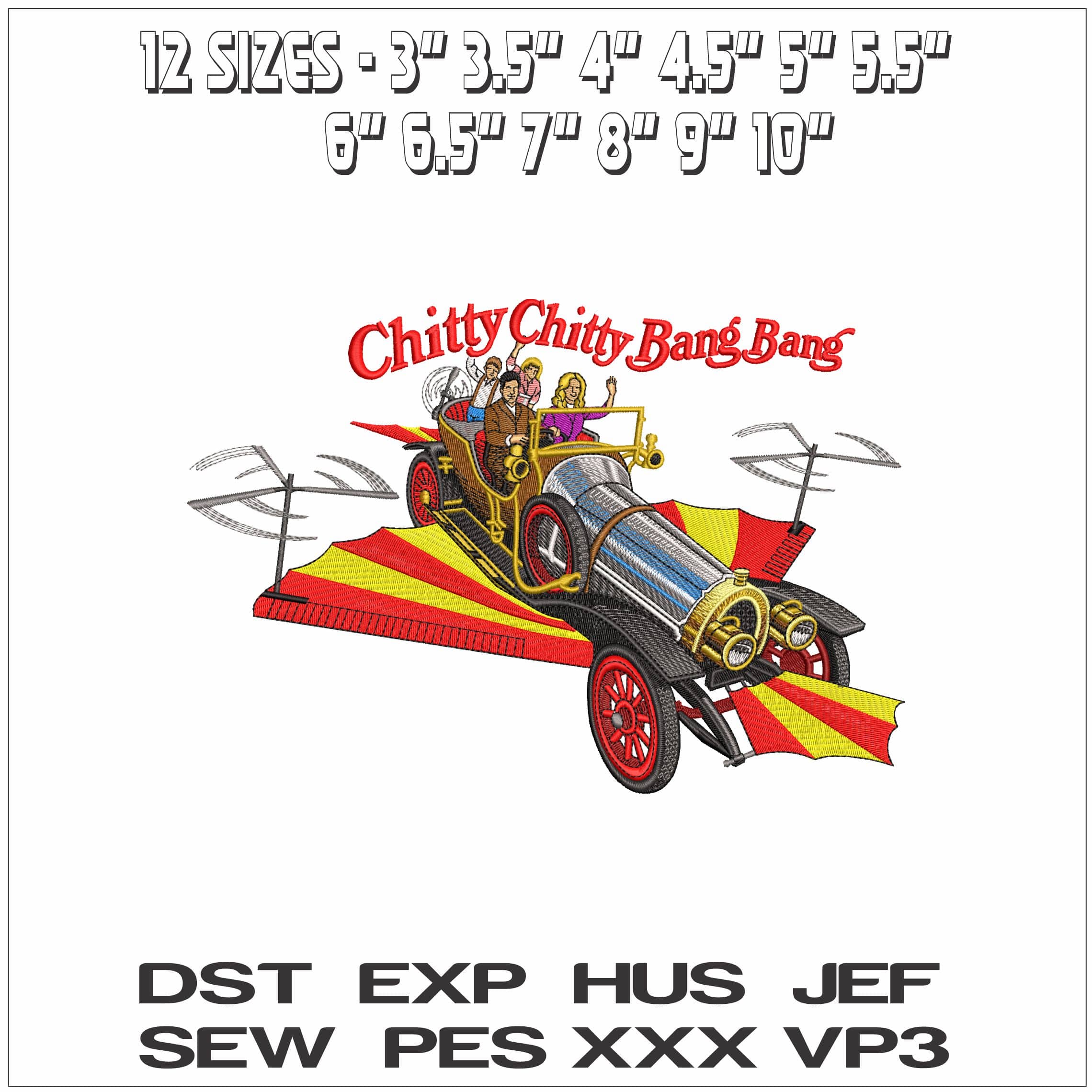 Chitty Chitty Bang Bang with people- Elegant embroidery design file - instant download — view 2