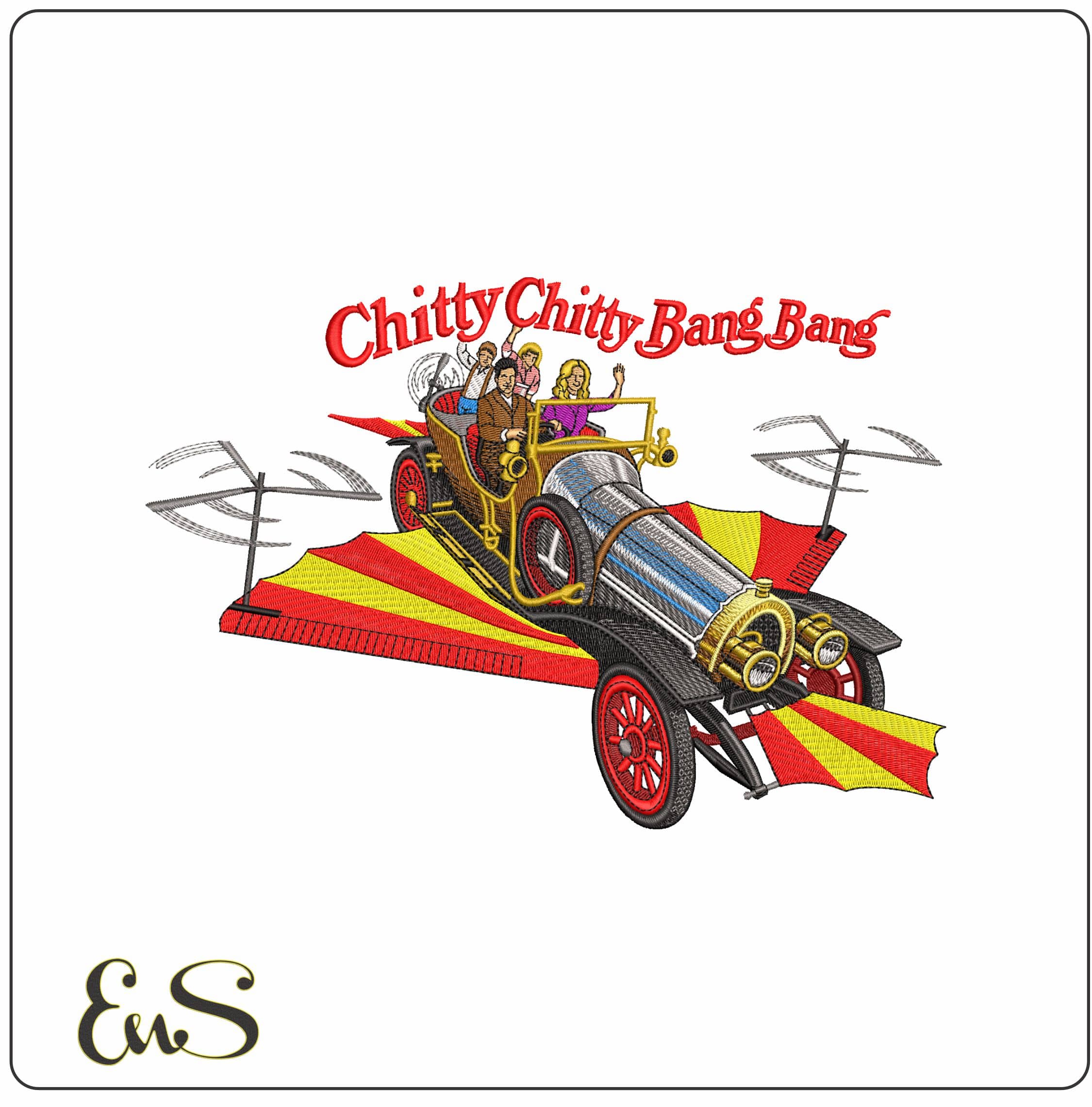 Chitty Chitty Bang Bang with people- Elegant embroidery design file - instant download