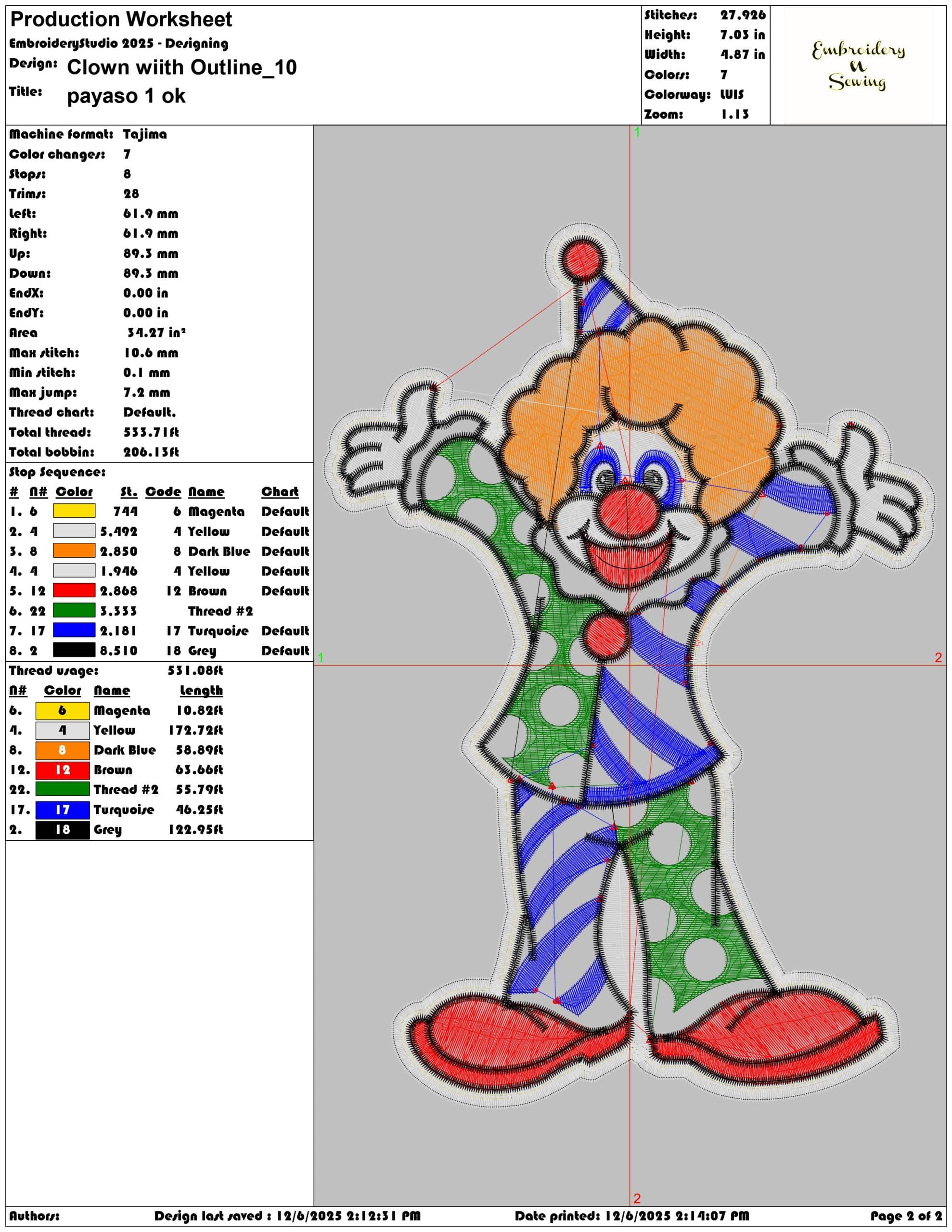 Clown wiith Outline- Elegant embroidery design file - instant download — view 3