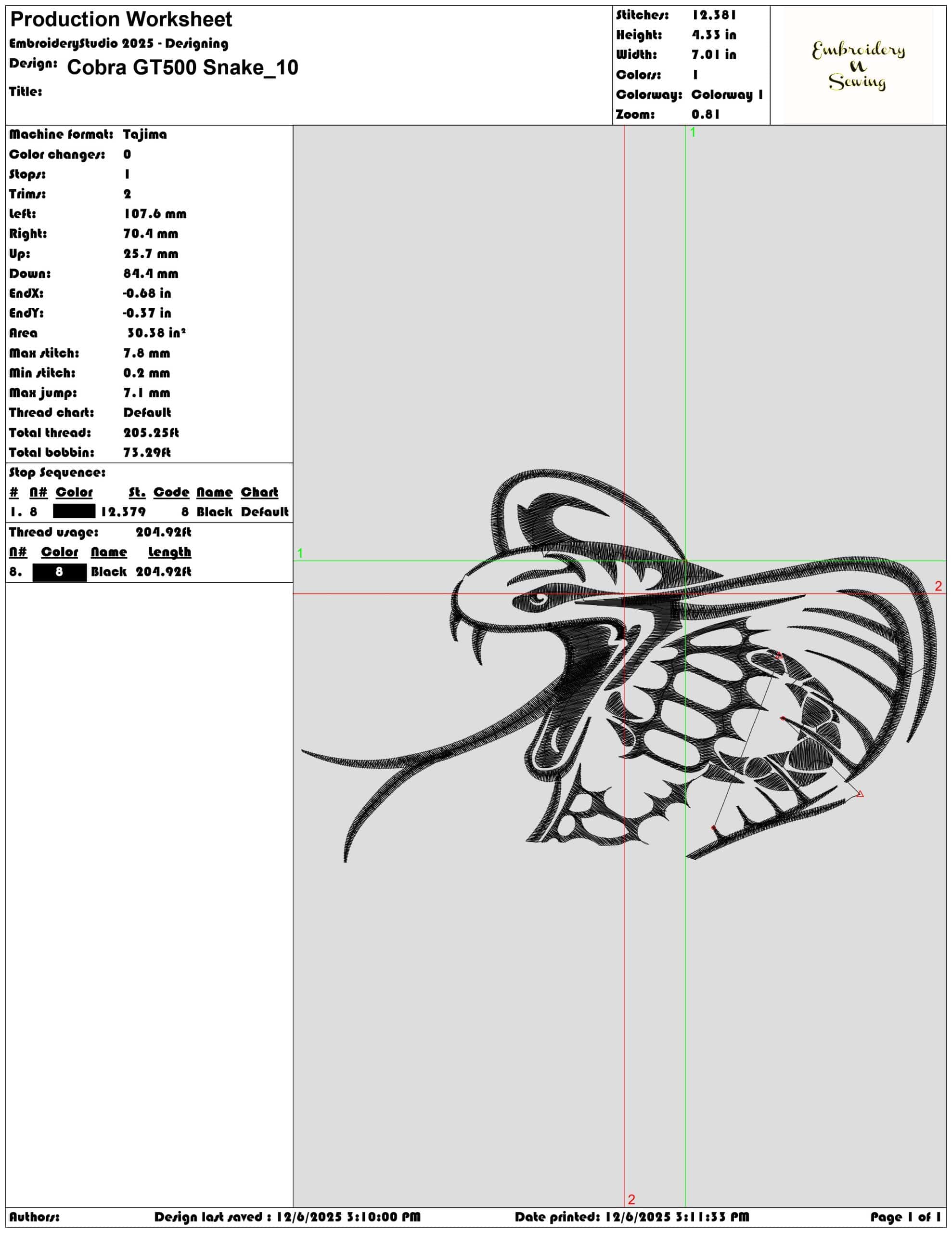 Cobra GT500 Snake- Elegant embroidery design file - instant download — view 3