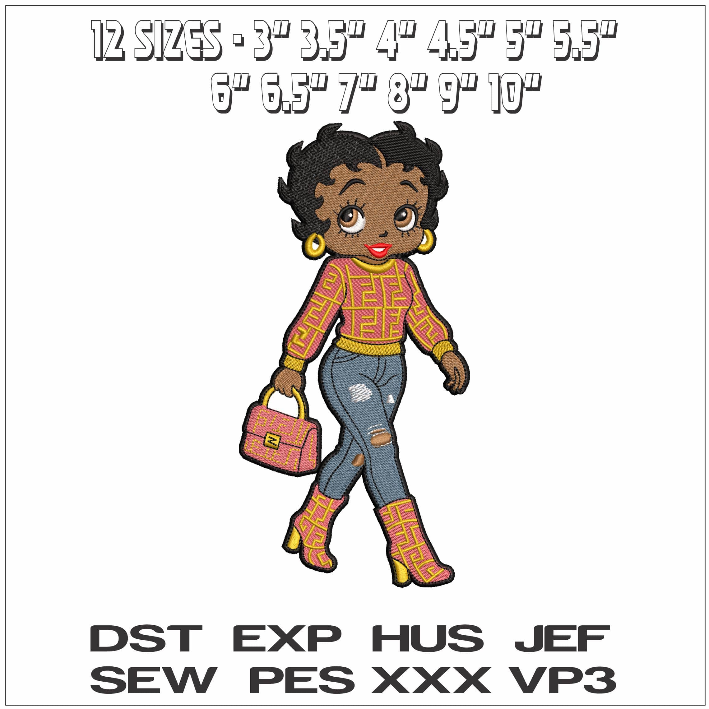 Coloured Betty Boo with Handbag - Elegant embroidery design file - instant download — view 2