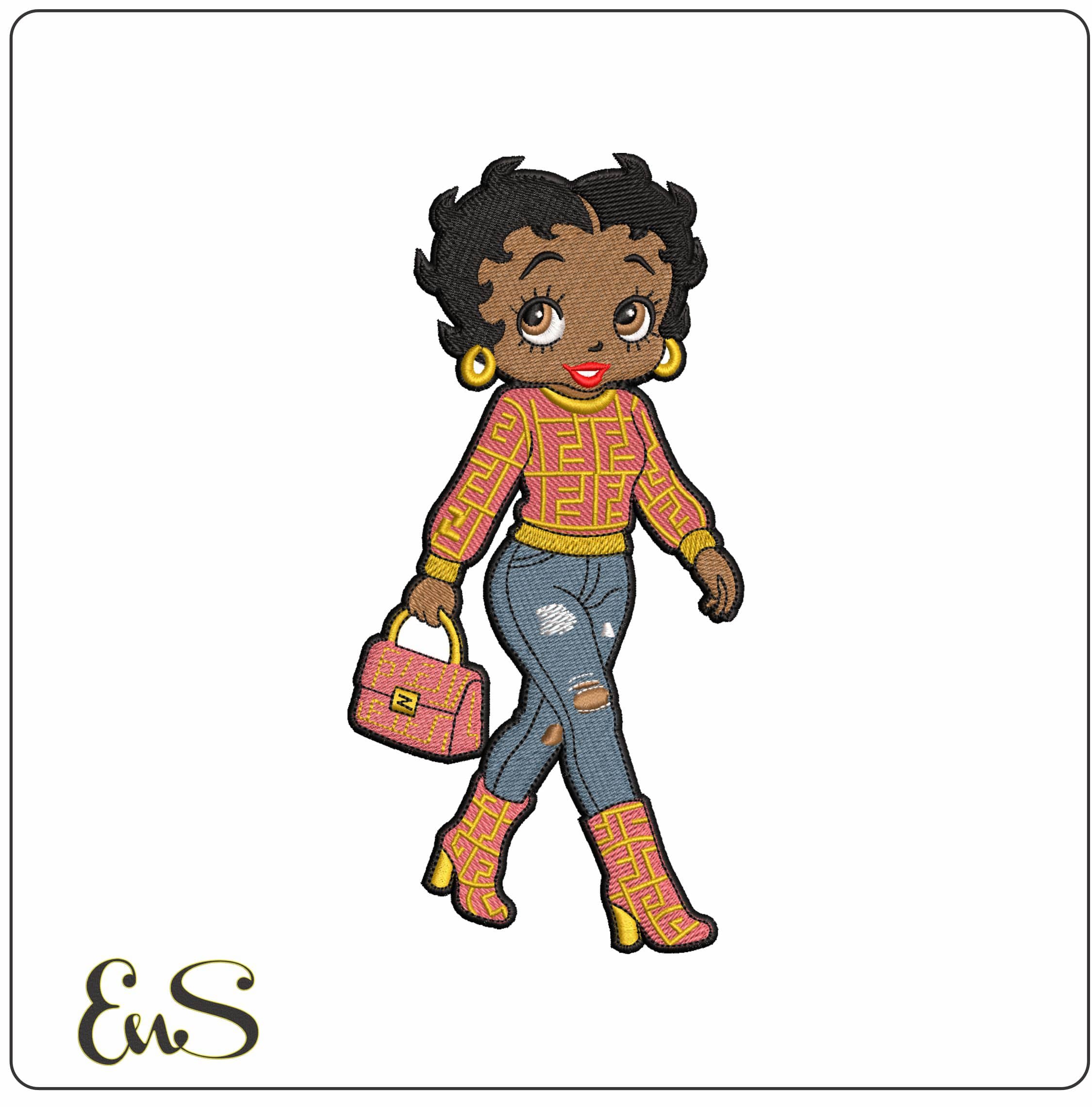 Coloured Betty Boo with Handbag - Elegant embroidery design file - instant download