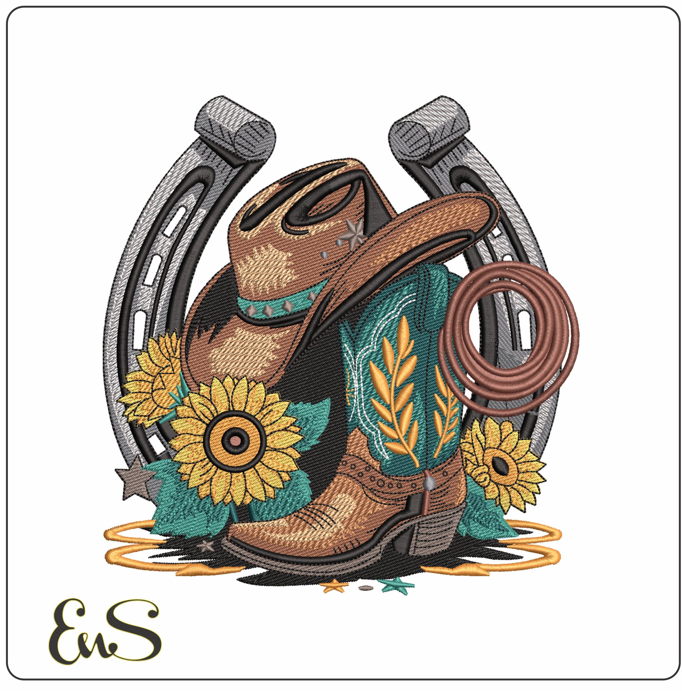 Cowboy hat and boots and Horseshoe- Elegant embroidery design file - instant download