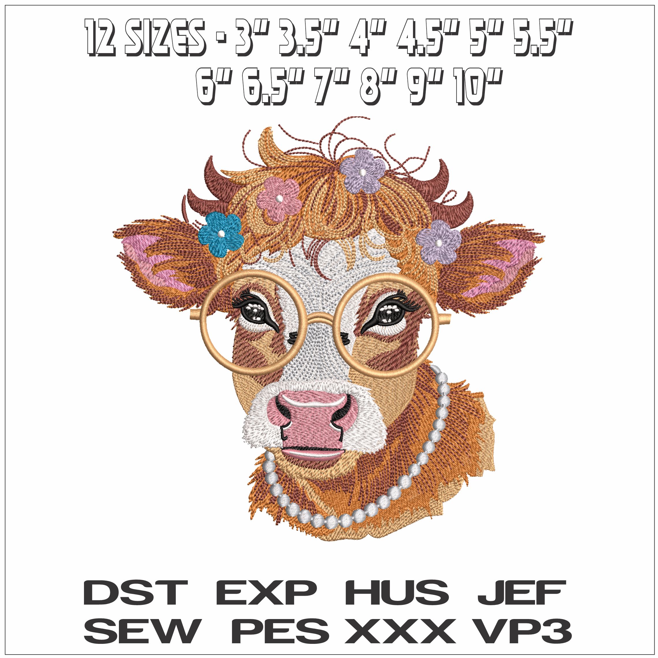 Cows Head with Flowers and Glasses- Elegant embroidery design file - instant download — view 2