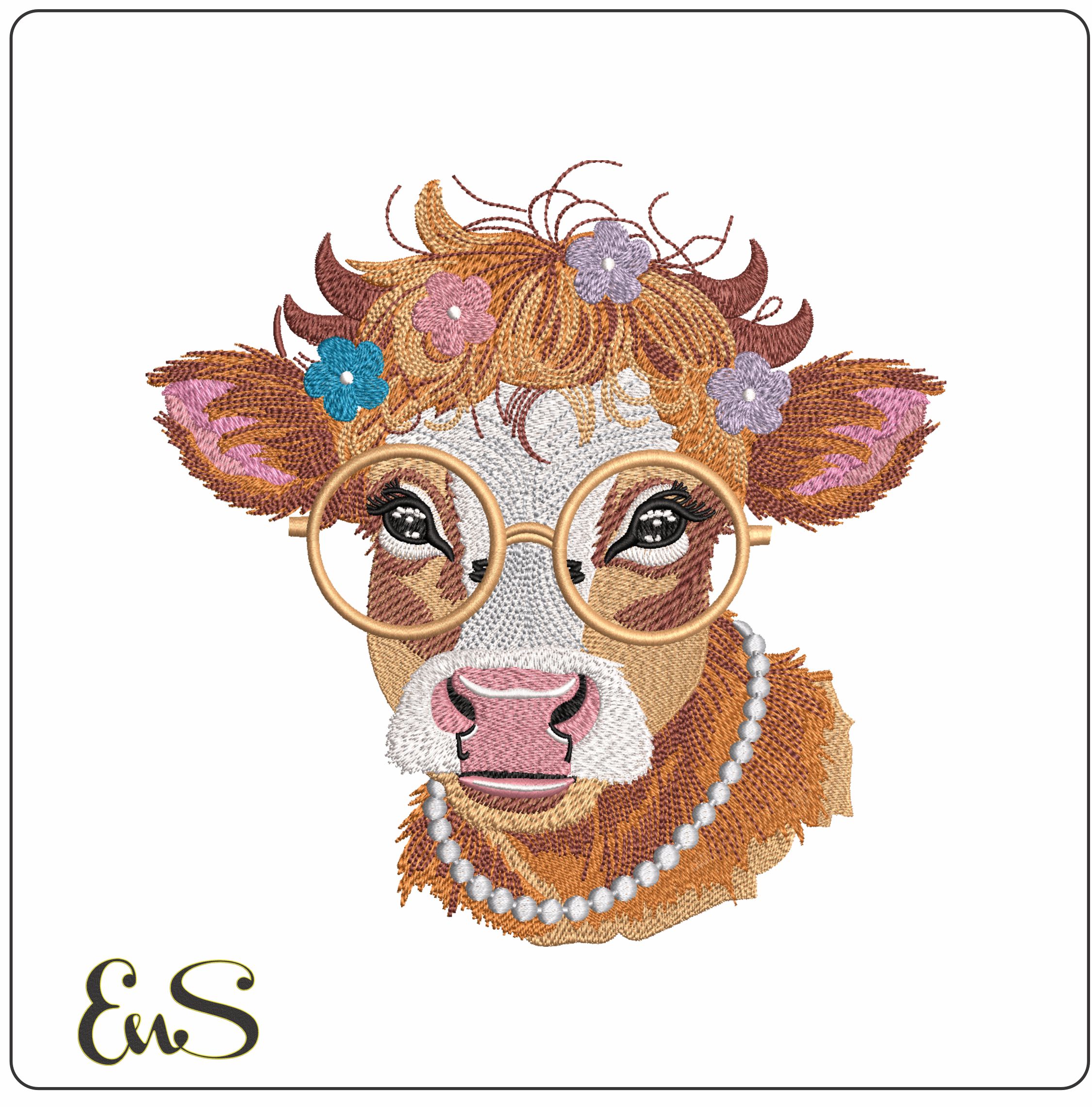 Cows Head with Flowers and Glasses- Elegant embroidery design file - instant download