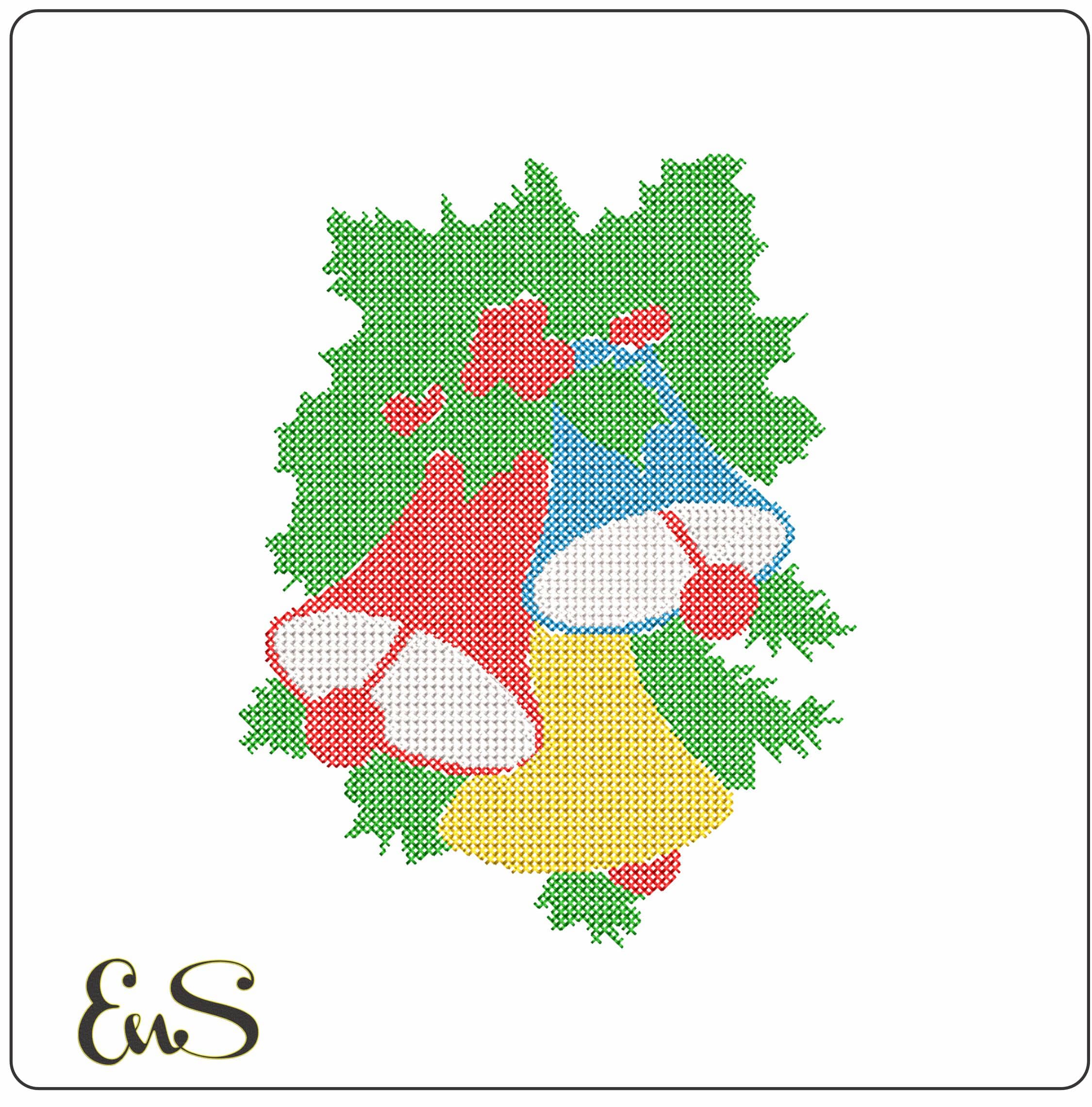 Cross Stitch Style Bells and Holly- Elegant embroidery design file - instant download