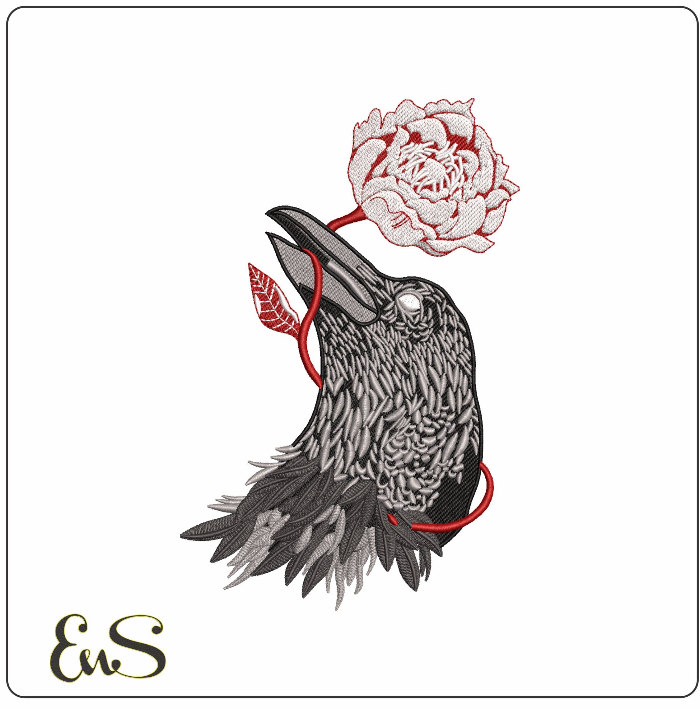 Crow with Rose- Elegant embroidery design file - instant download