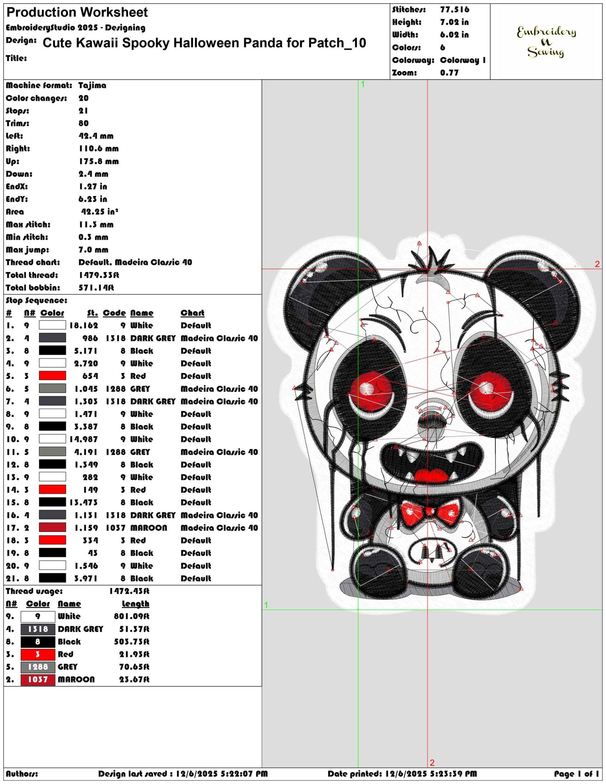 Cute Kawaii Spooky Halloween Panda for Patch- Elegant embroidery design file - instant download — view 3