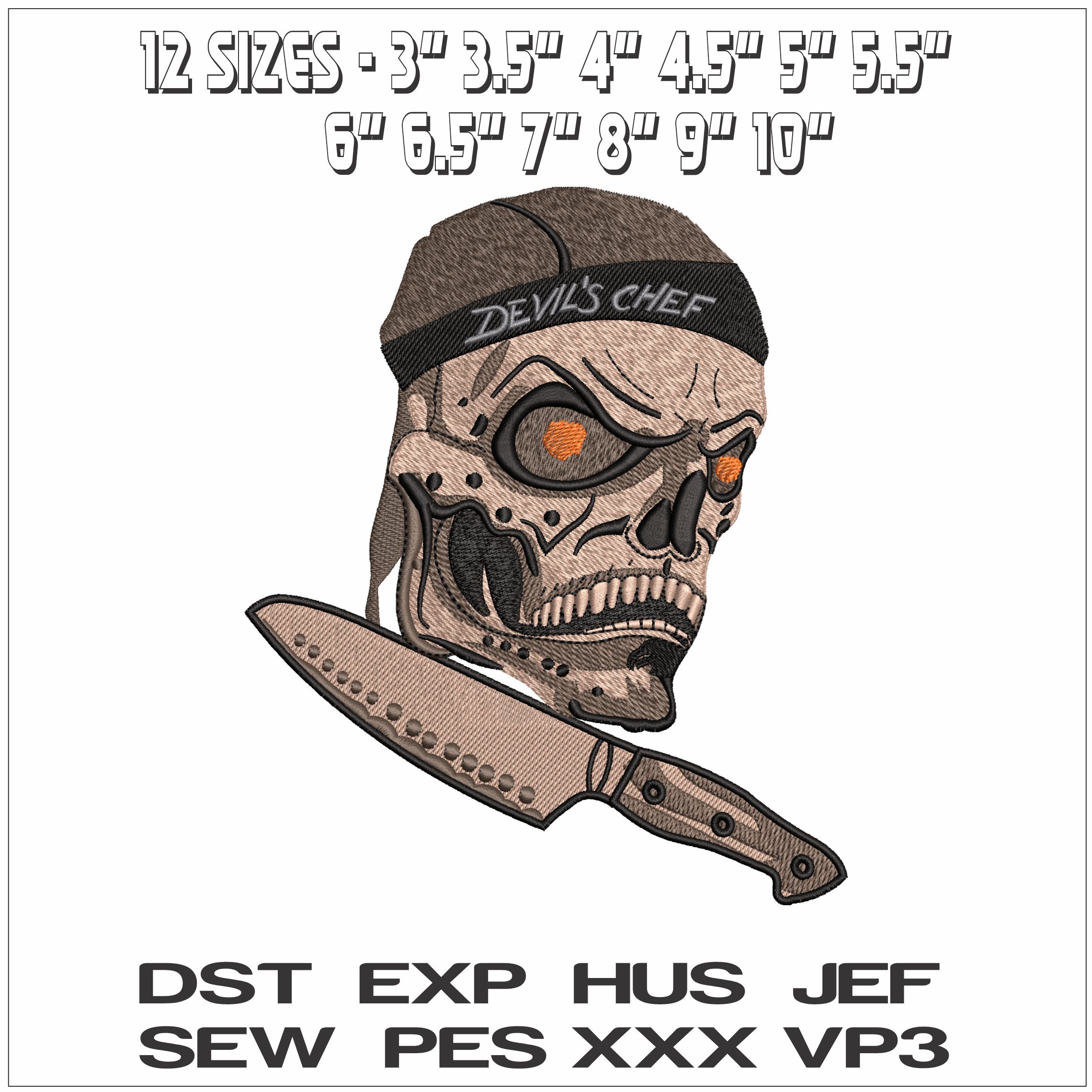 Devil Chef Skull with Knife- Elegant embroidery design file - instant download — view 2