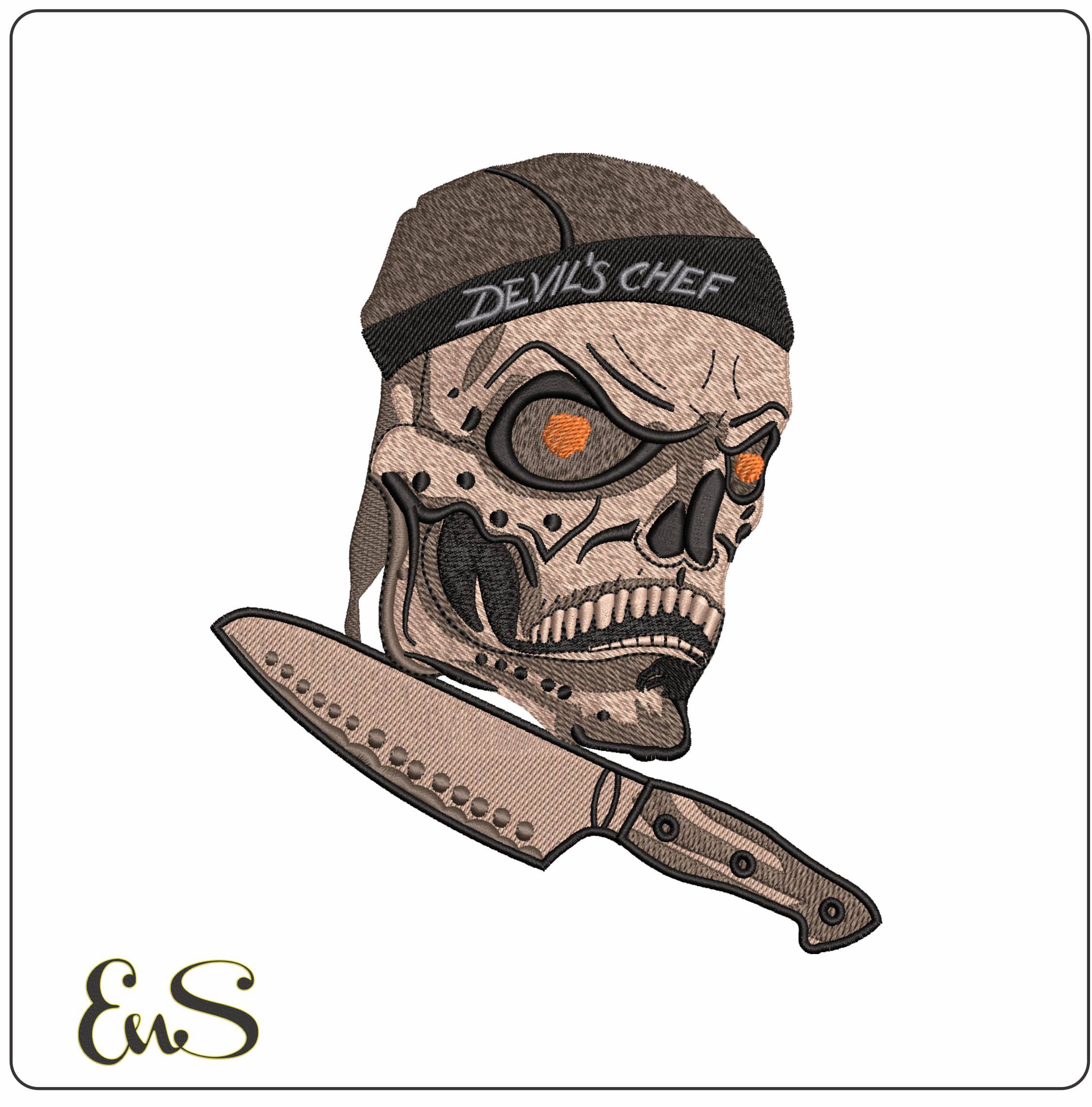 Devil Chef Skull with Knife- Elegant embroidery design file - instant download