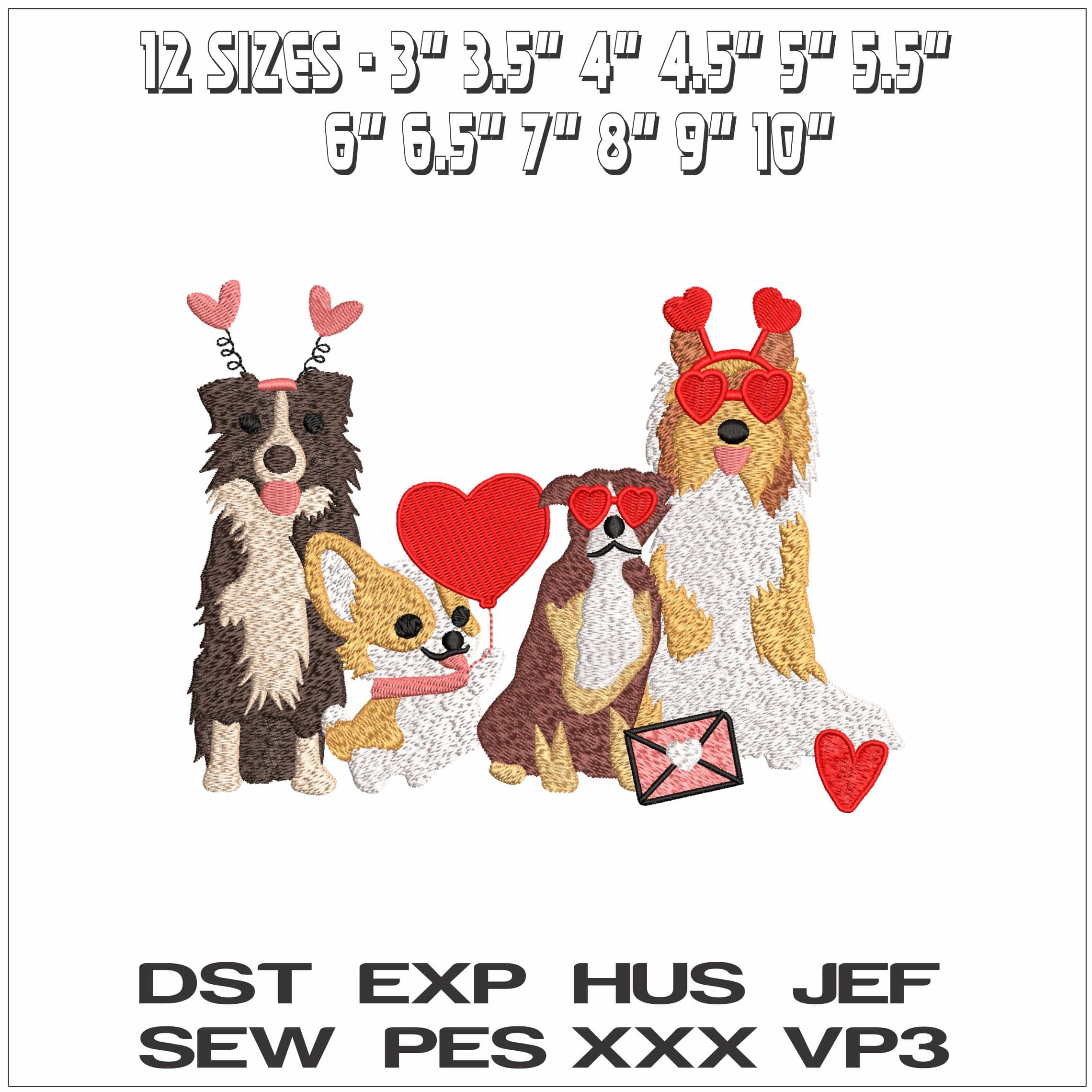 Dogs with Love Hearts- Elegant embroidery design file - instant download — view 2
