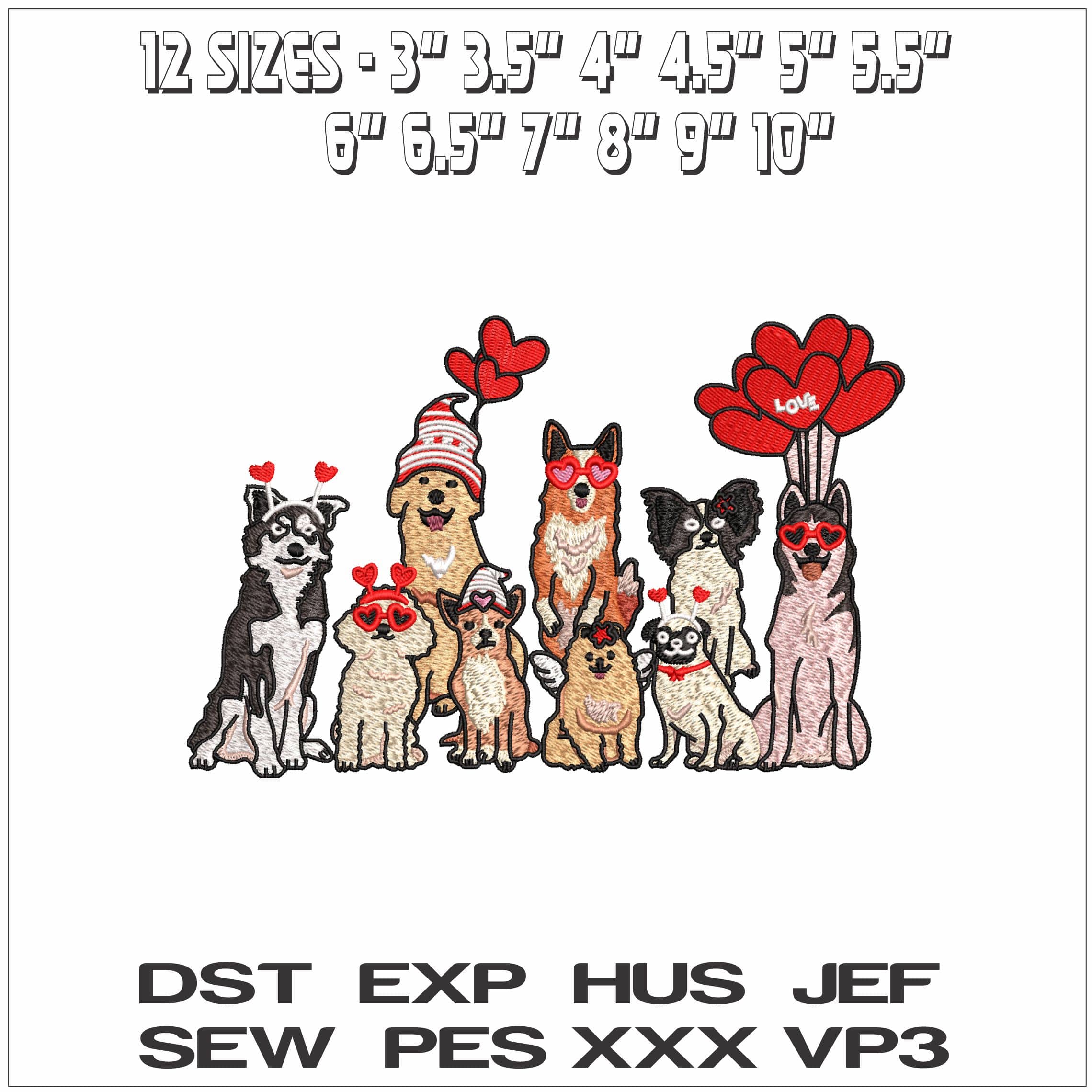 Dogs with Love Hearts and Hat- Elegant embroidery design file - instant download — view 2