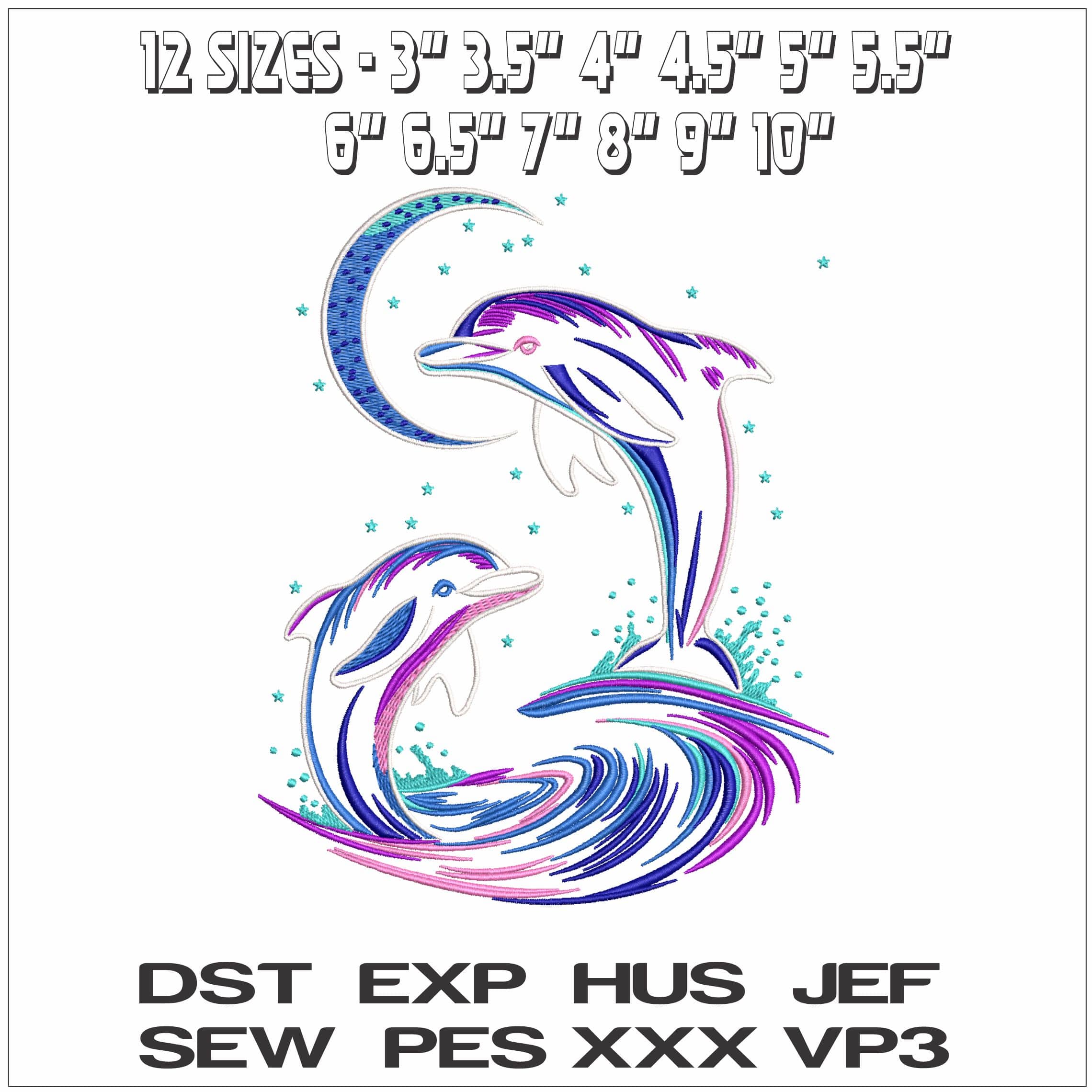 Dolphins leaping to the Moon- Elegant embroidery design file - instant download — view 2