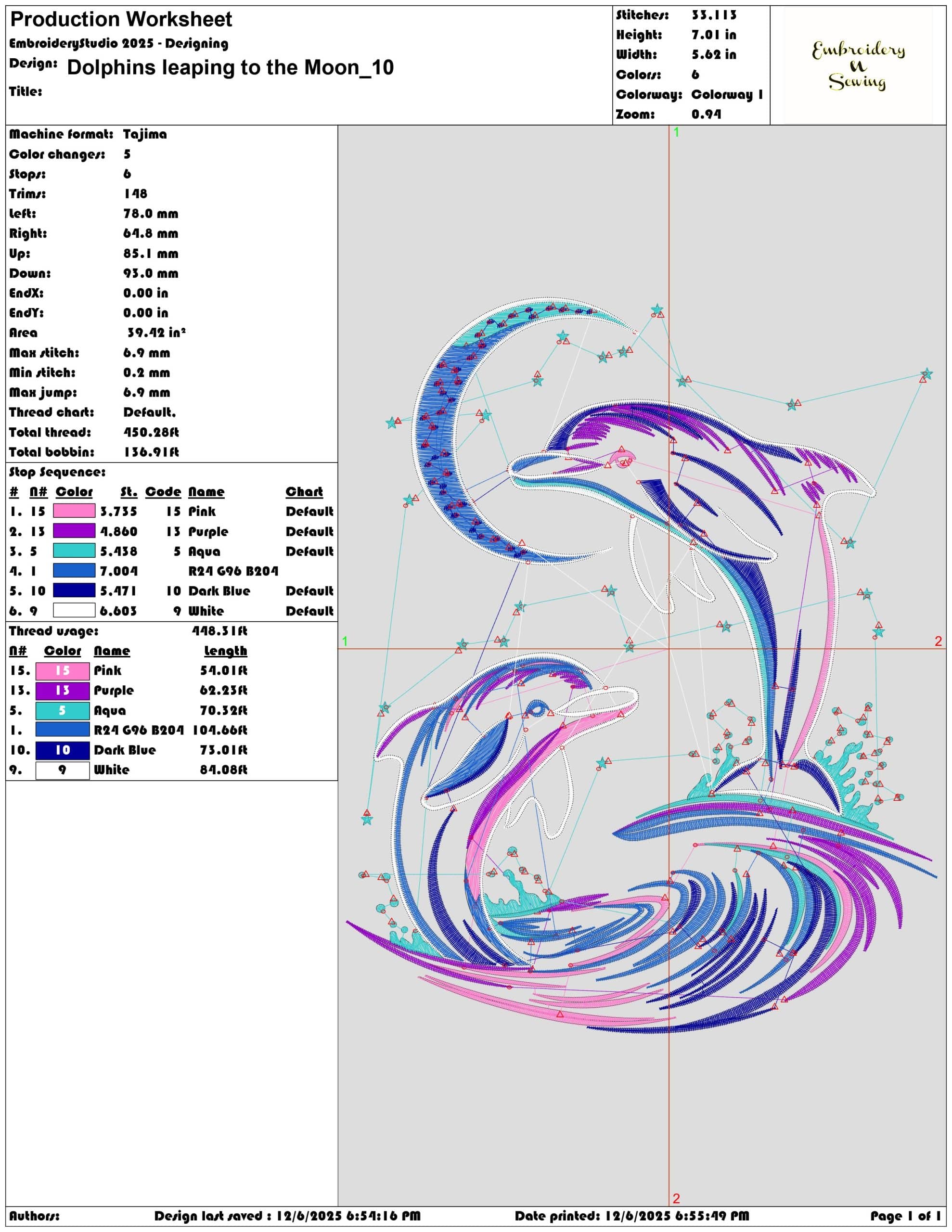 Dolphins leaping to the Moon- Elegant embroidery design file - instant download — view 3