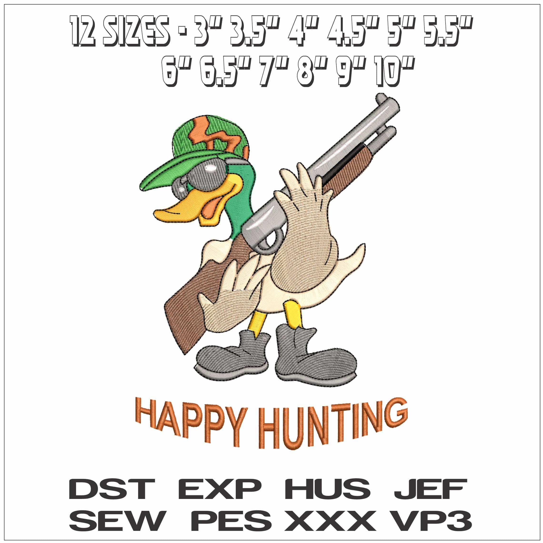 Duck with Gun Happy Hunting- Elegant embroidery design file - instant download — view 2
