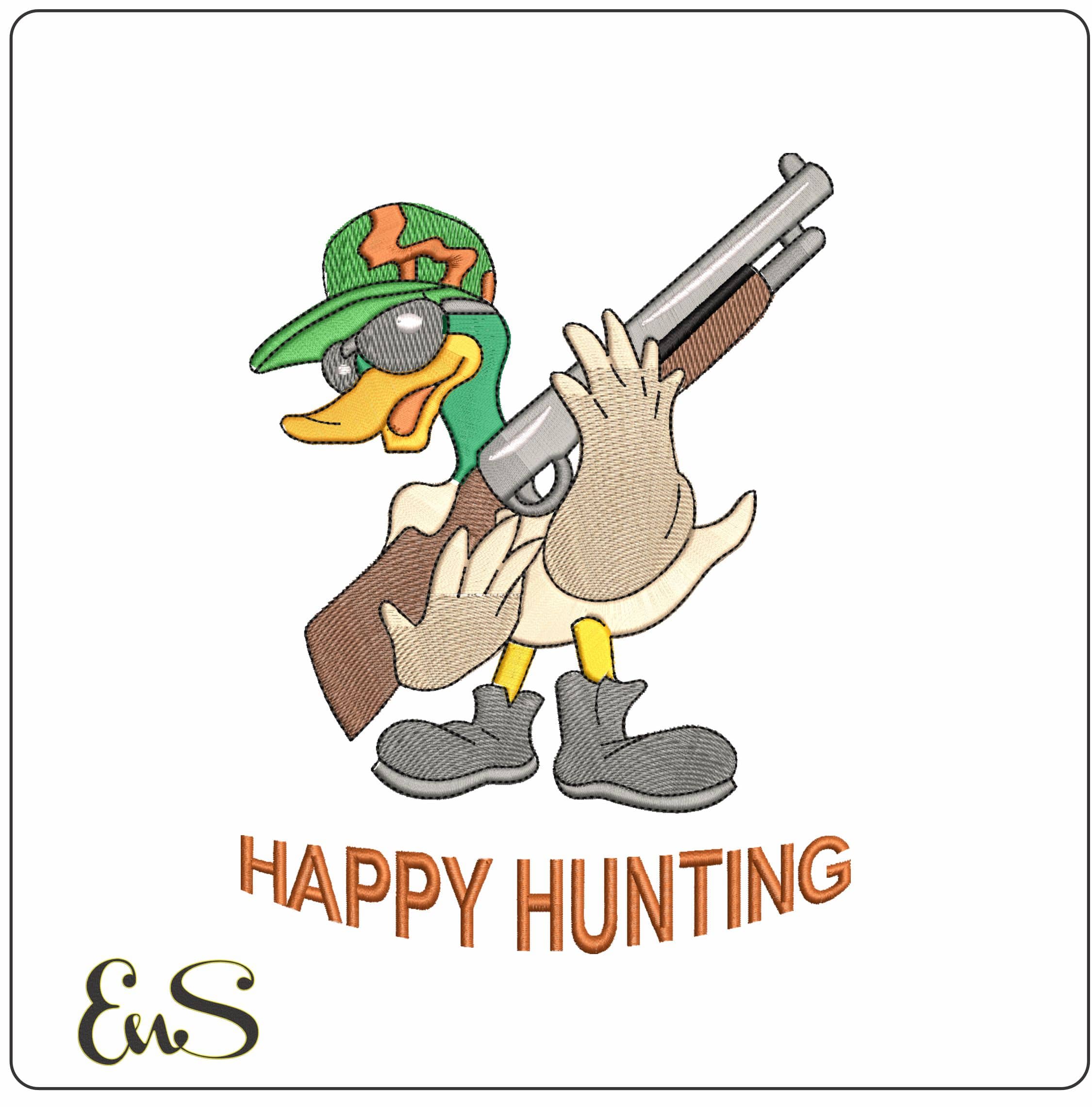 Duck with Gun Happy Hunting- Elegant embroidery design file - instant download