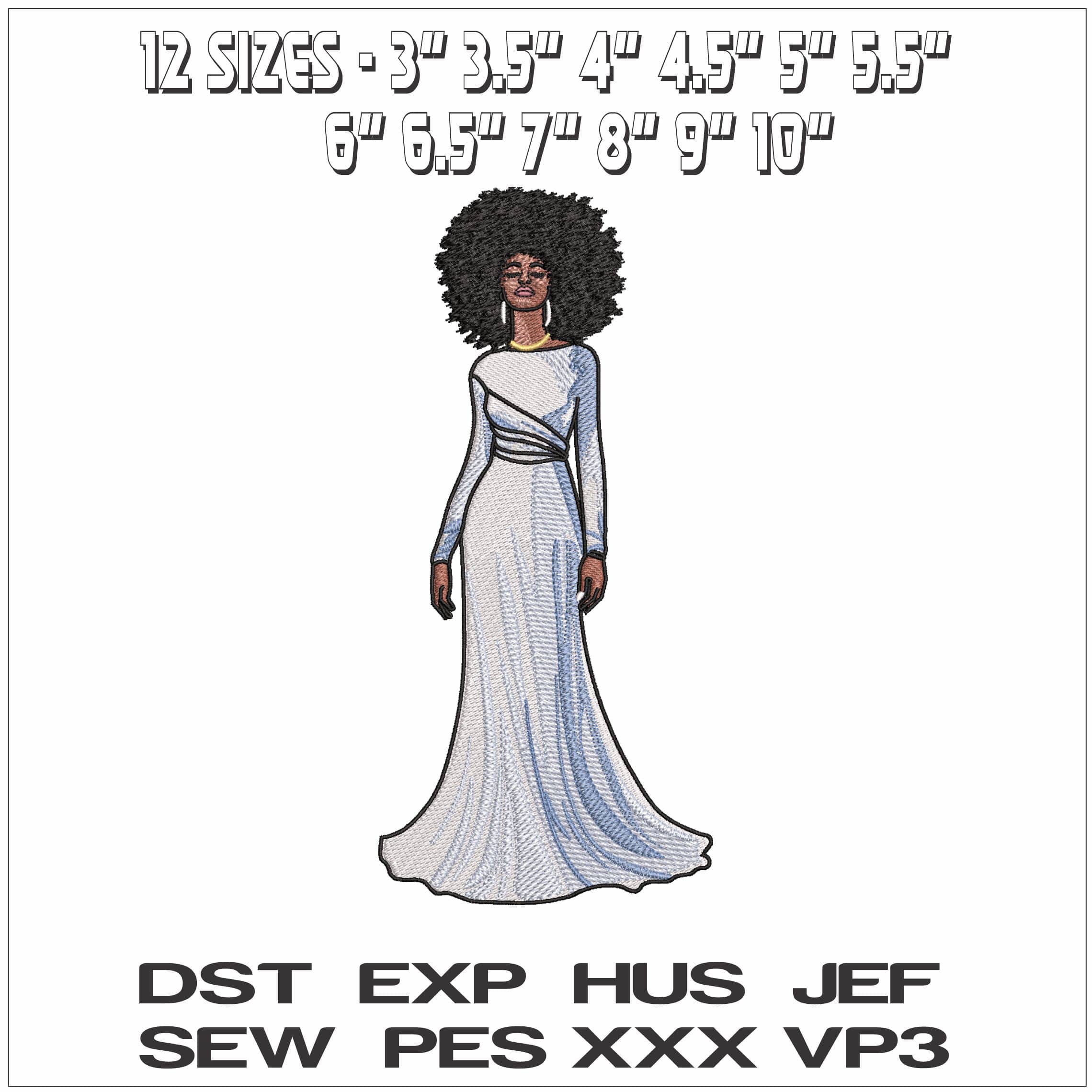 Elegant black lady white dress with Afro- Elegant embroidery design file - instant download — view 2