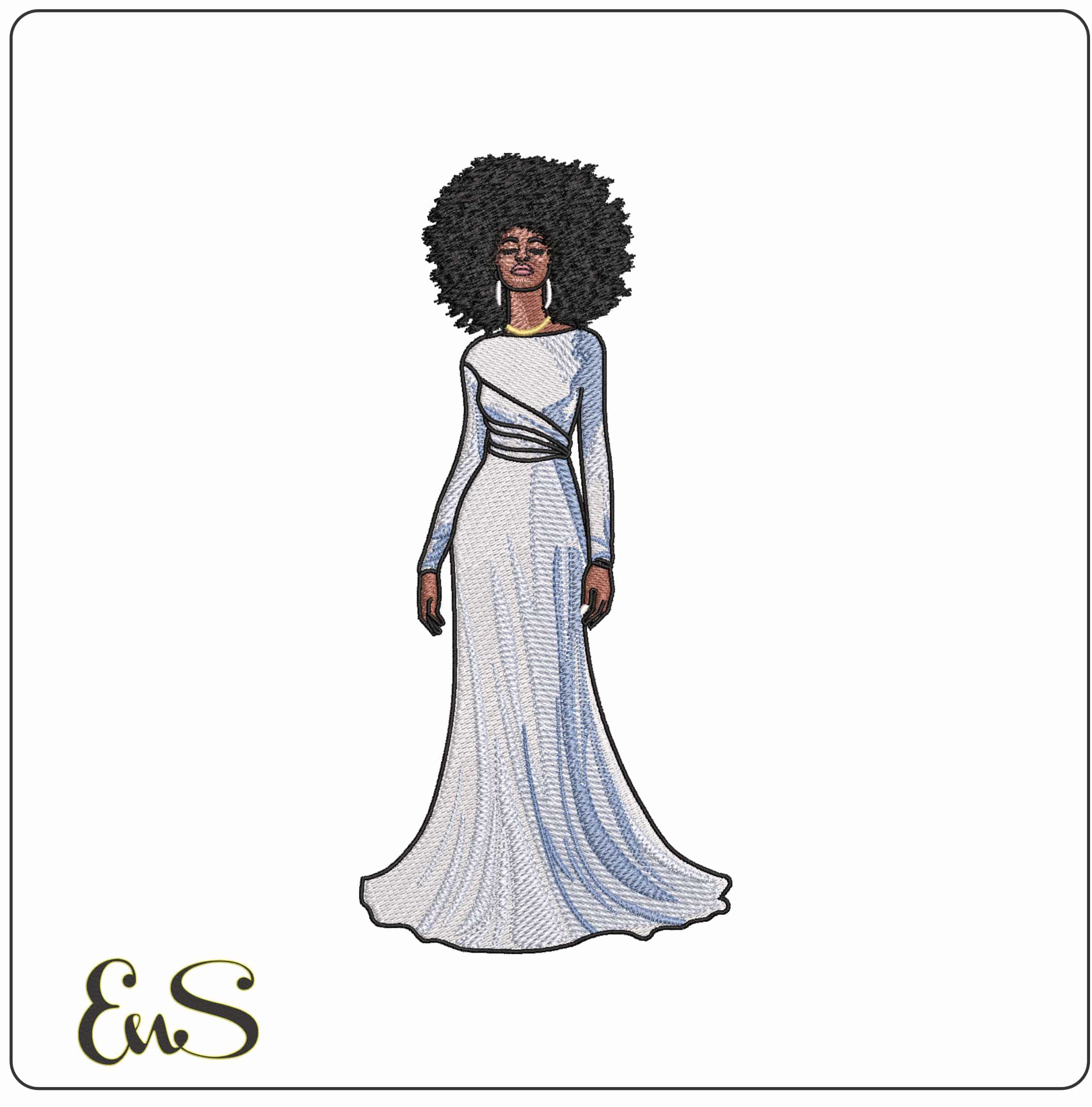 Elegant black lady white dress with Afro- Elegant embroidery design file - instant download