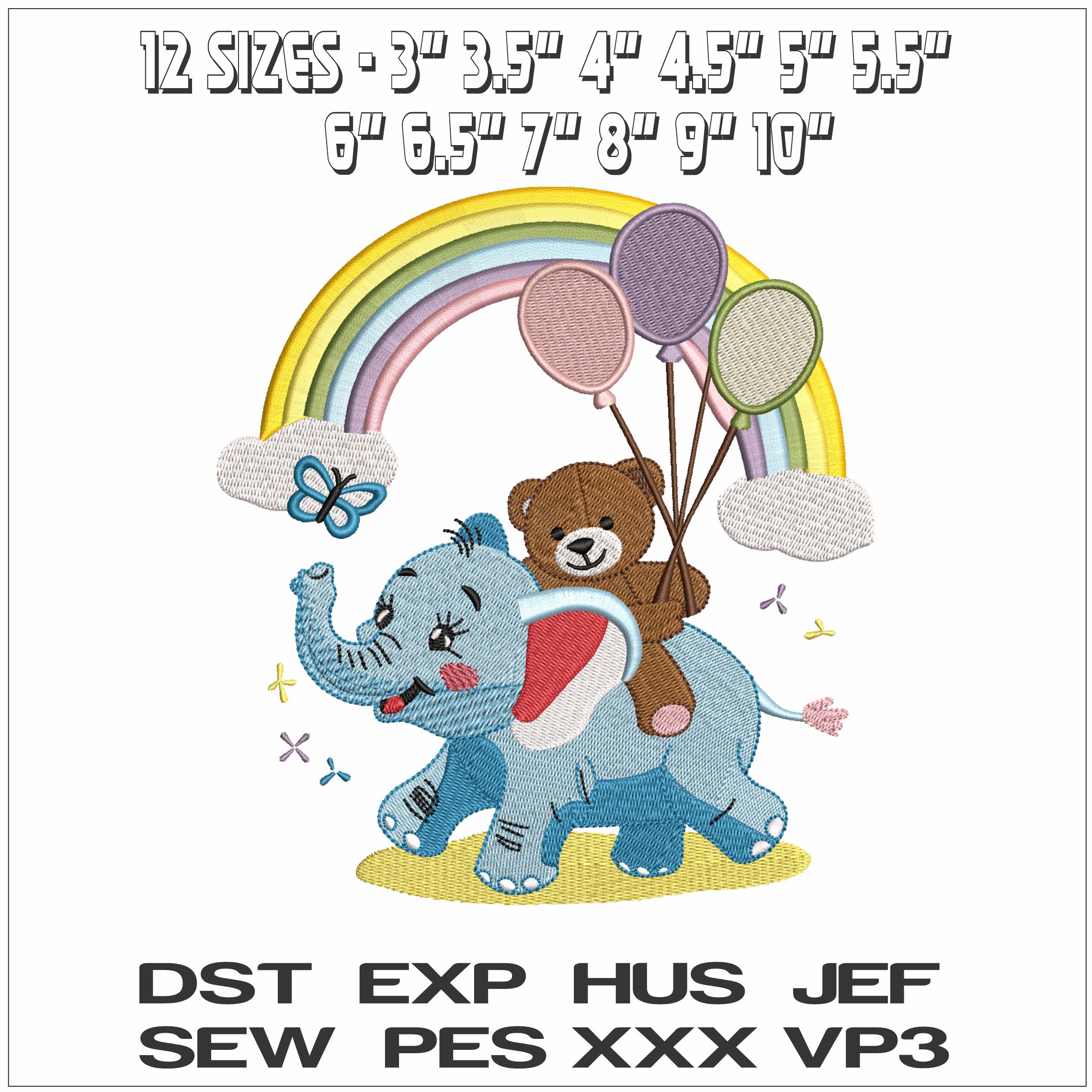 Elephant balloon bear and rainbow- Elegant embroidery design file - instant download — view 2