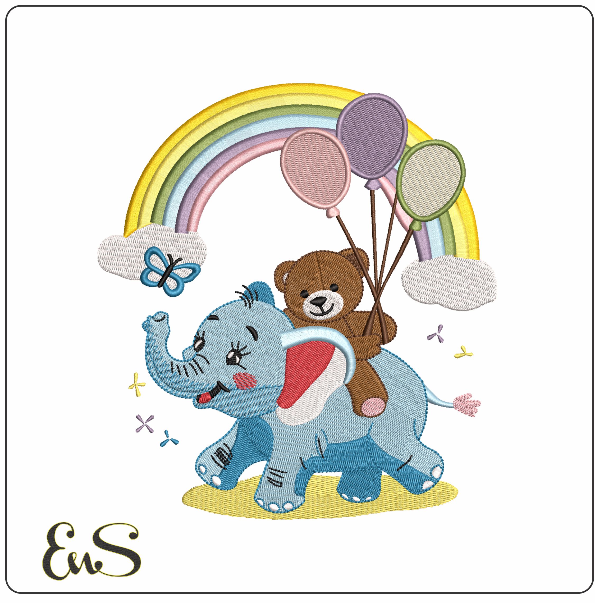 Elephant balloon bear and rainbow- Elegant embroidery design file - instant download