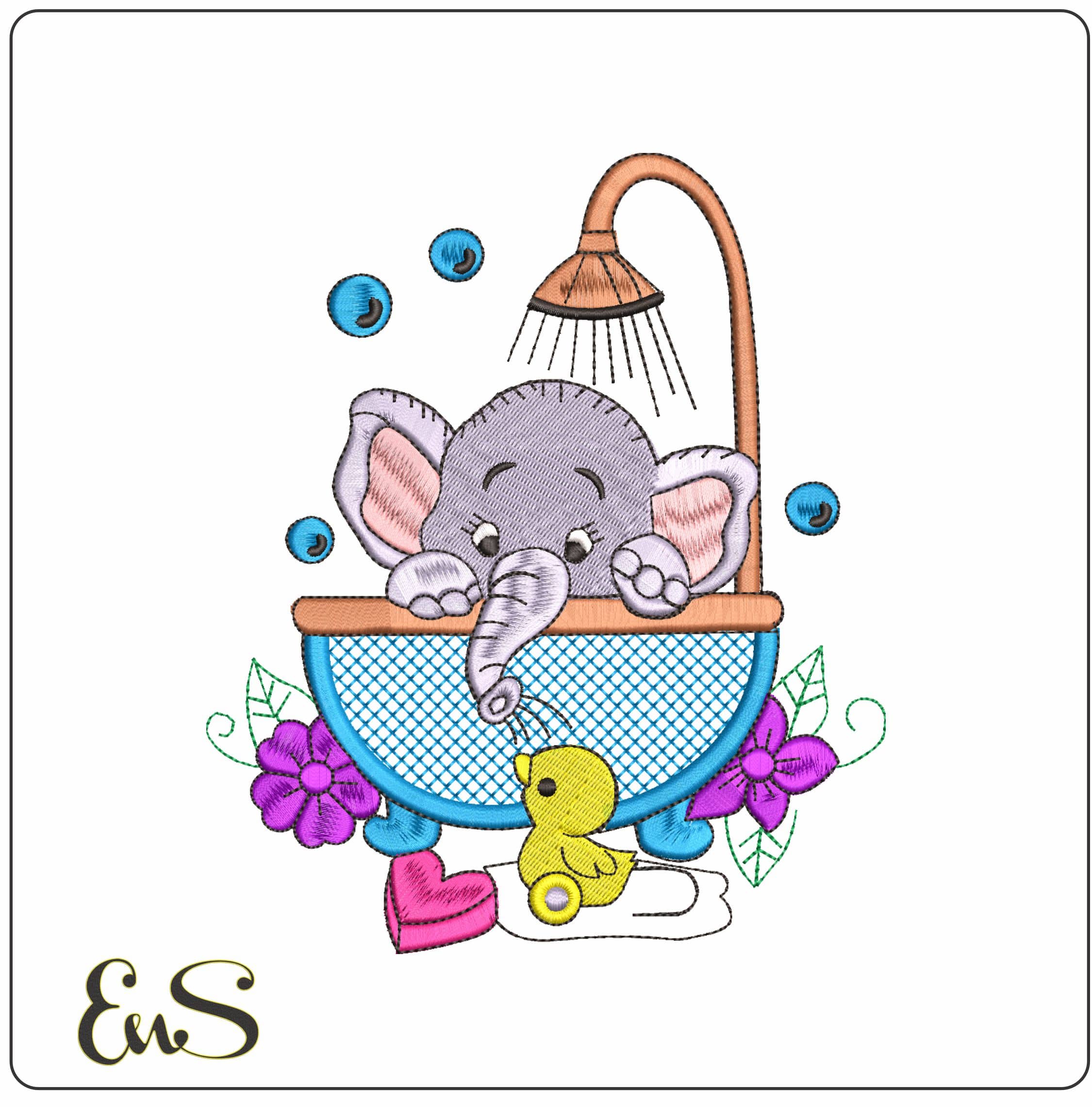 Elephant in a Bath- Elegant embroidery design file - instant download