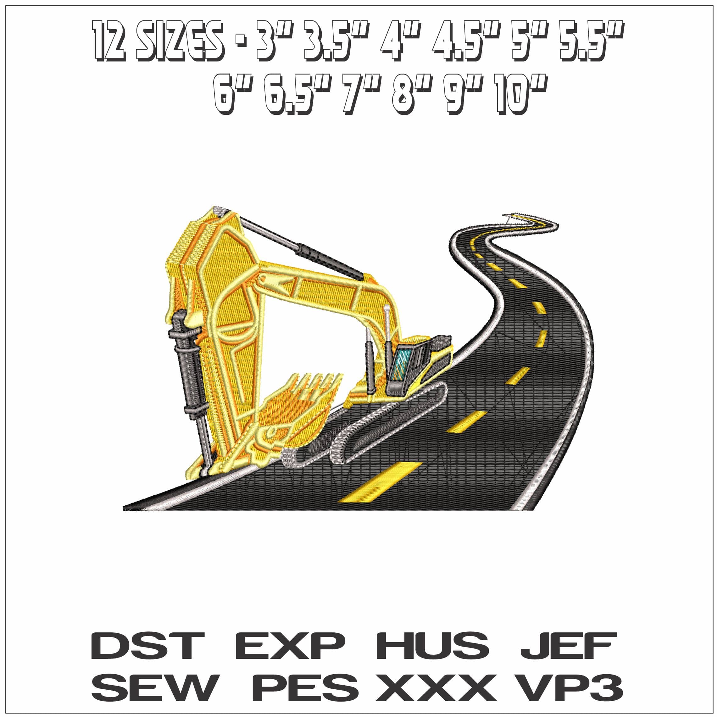 Excavator racing down Road- Elegant embroidery design file - instant download — view 2