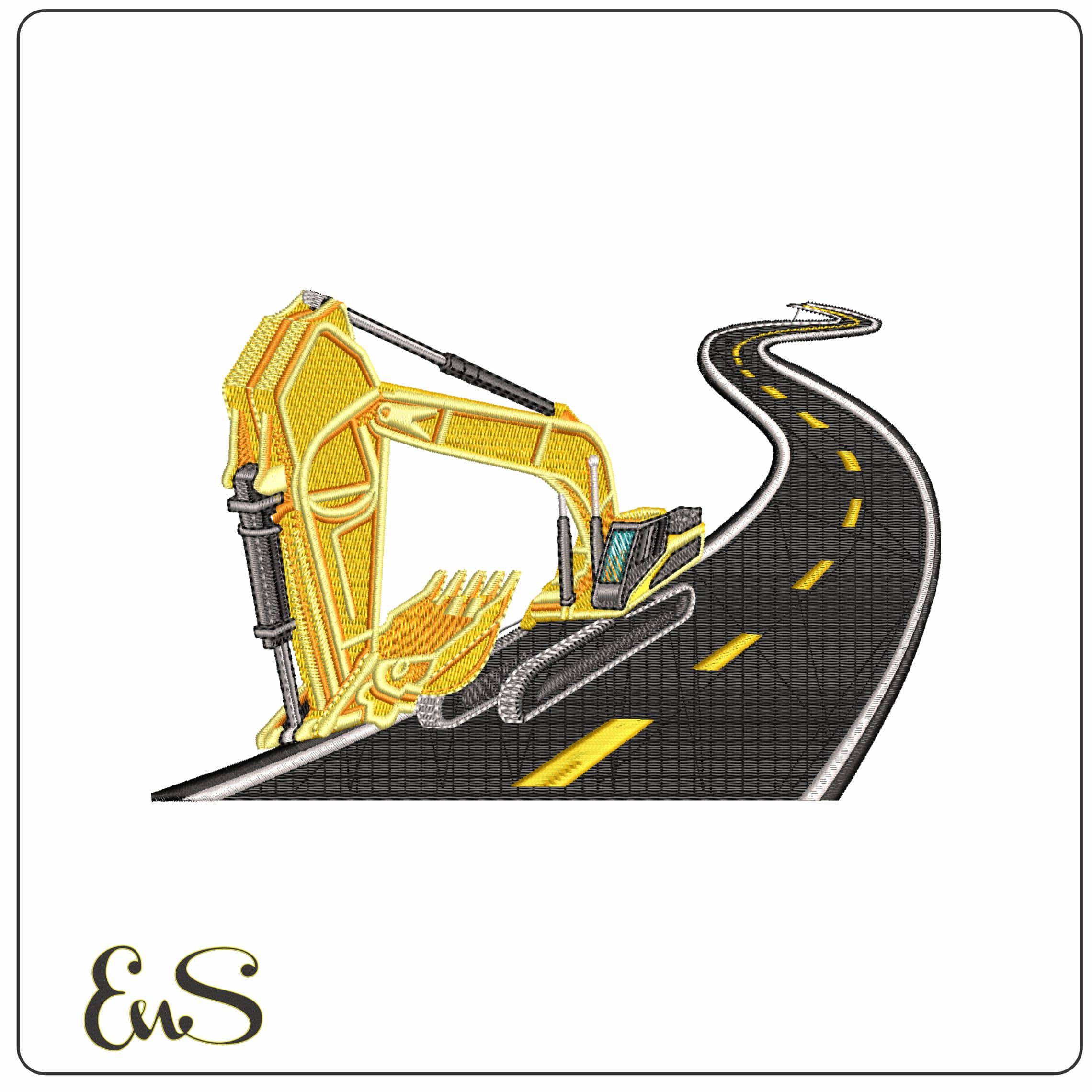 Excavator racing down Road- Elegant embroidery design file - instant download