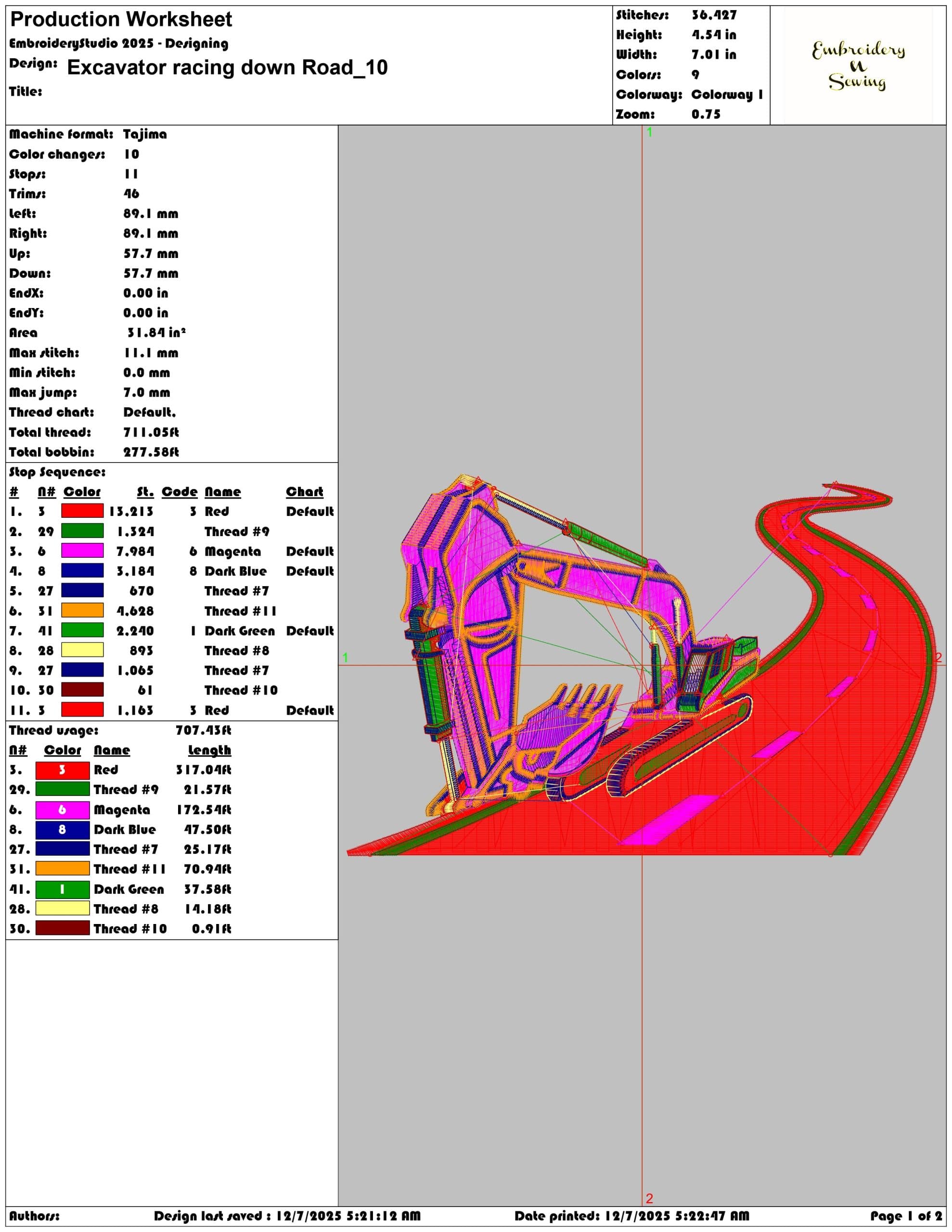 Excavator racing down Road- Elegant embroidery design file - instant download — view 3