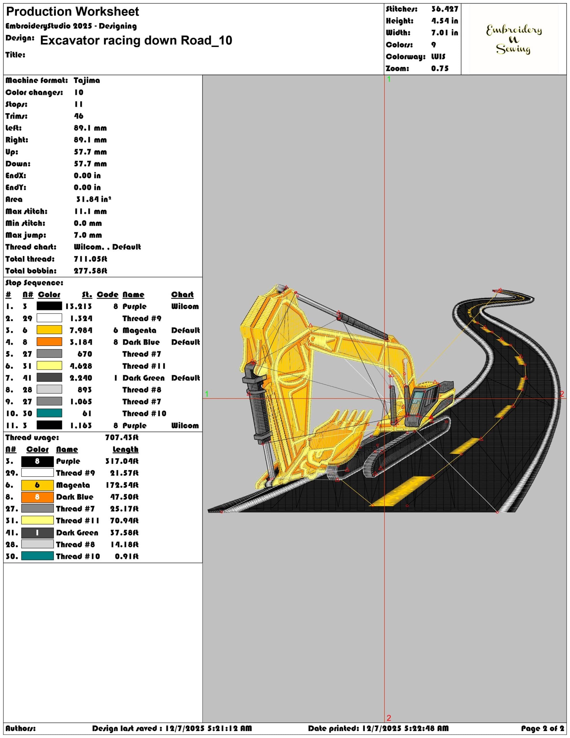 Excavator racing down Road- Elegant embroidery design file - instant download — view 4