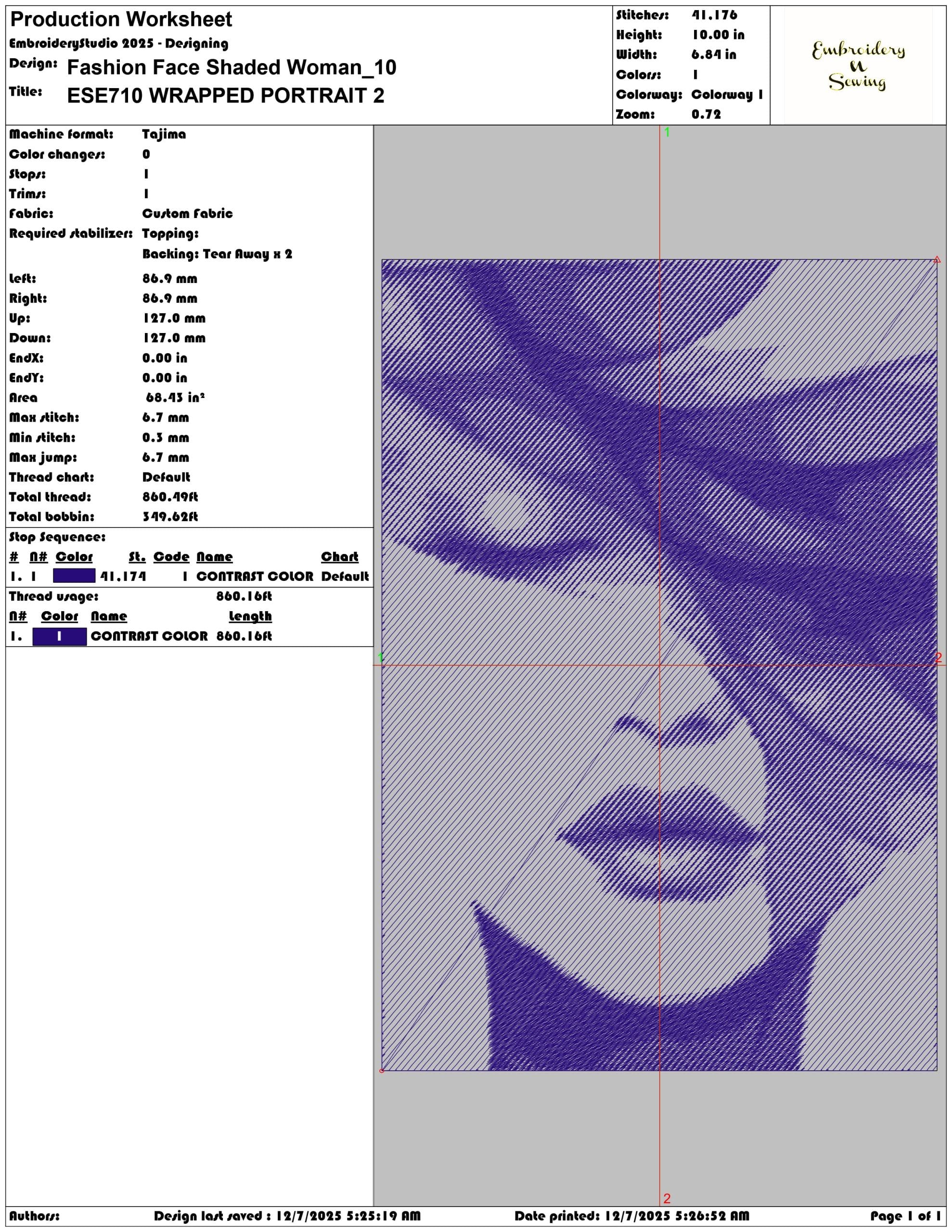 Fashion Face Shaded Woman- Elegant embroidery design file - instant download — view 3
