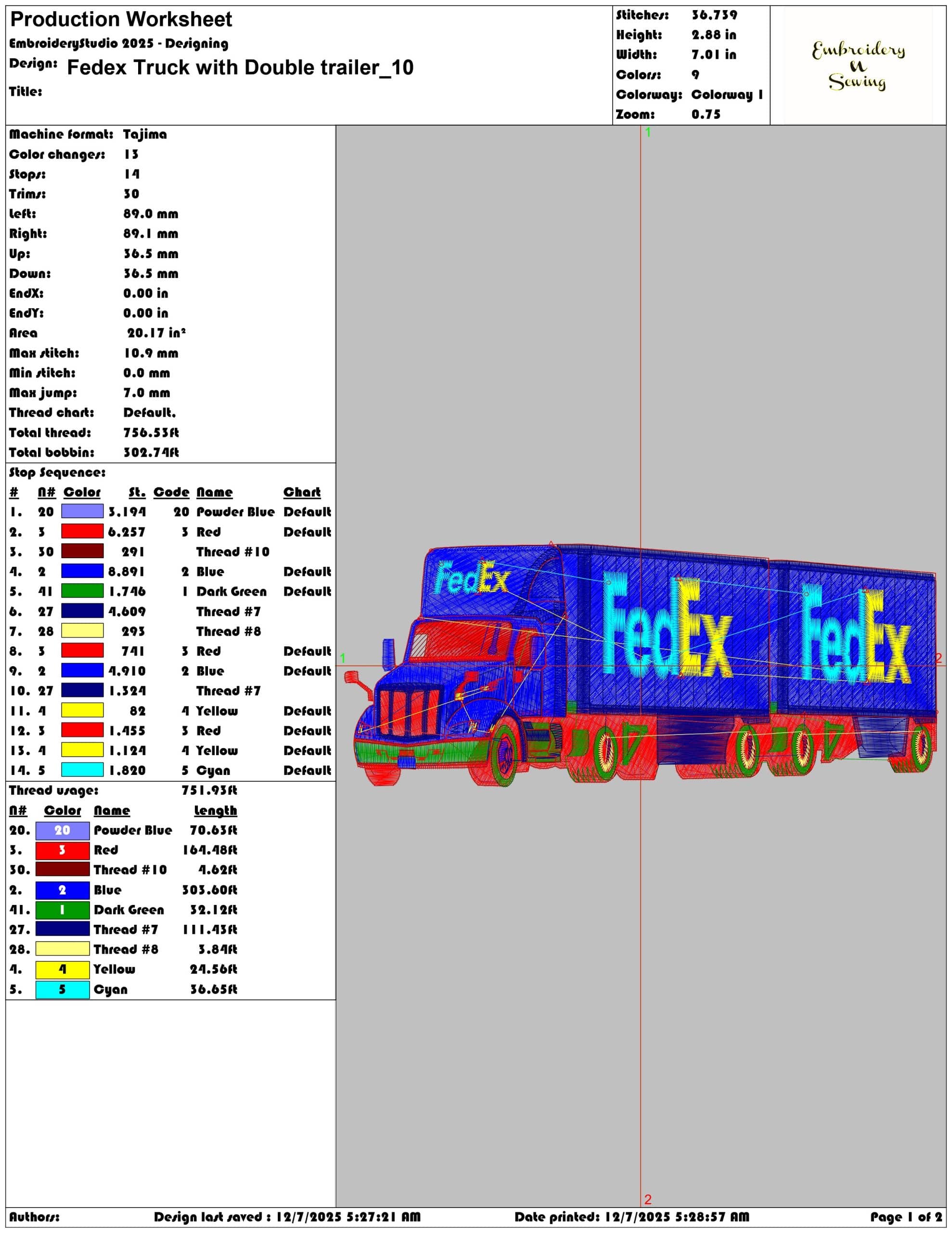 Fedex Truck with Double trailer- Elegant embroidery design file - instant download — view 3