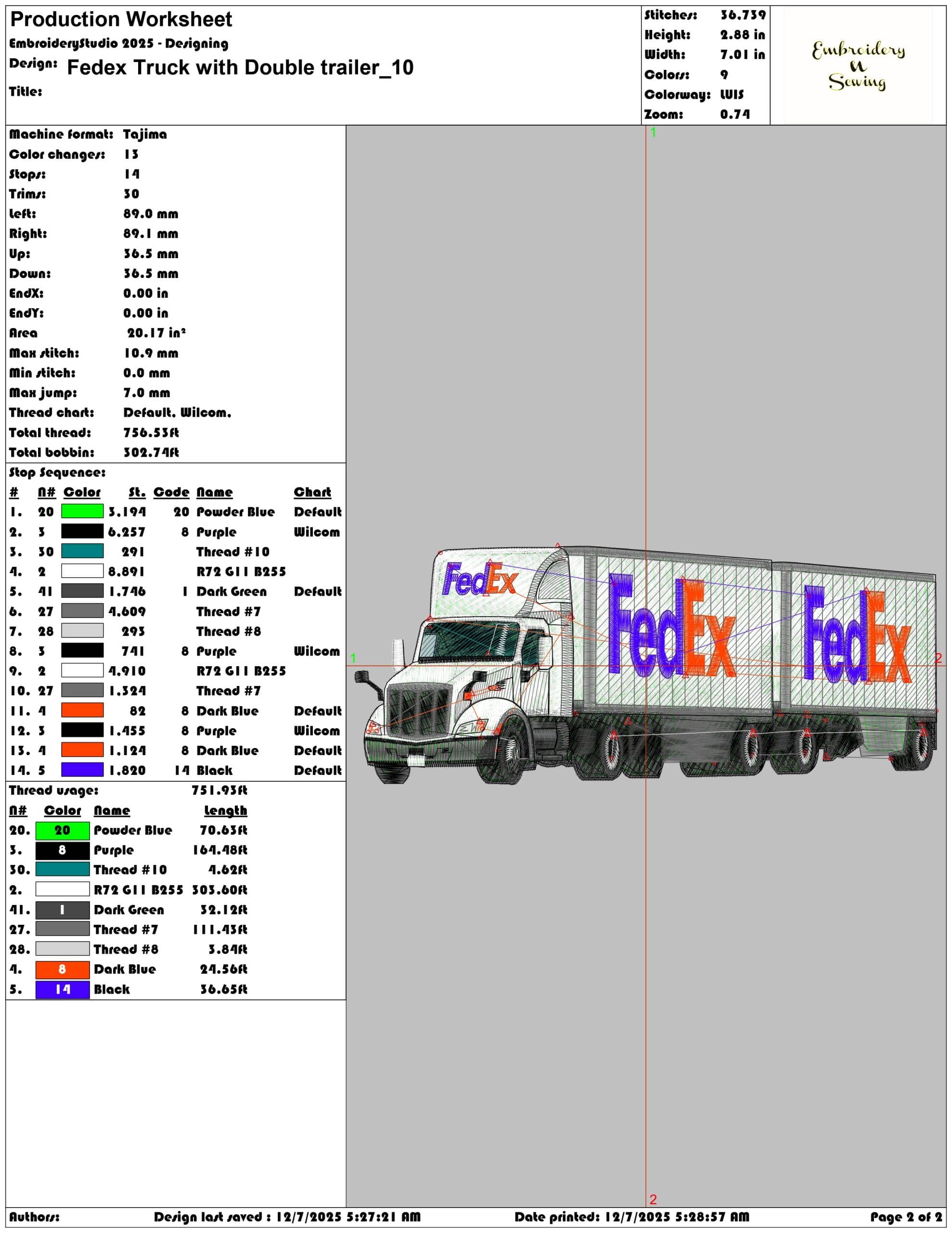 Fedex Truck with Double trailer- Elegant embroidery design file - instant download — view 4
