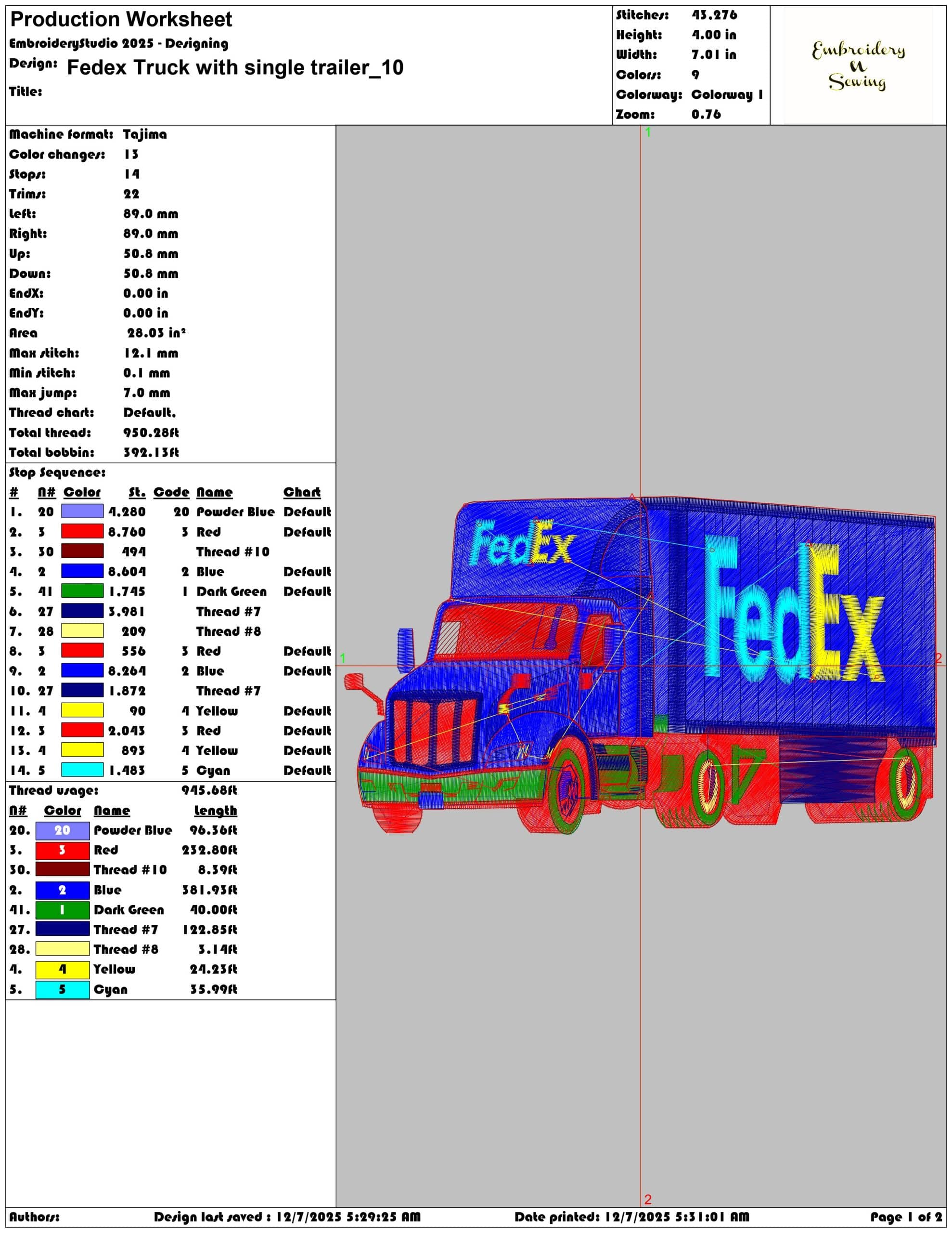 Fedex Truck with single trailer- Elegant embroidery design file - instant download — view 3