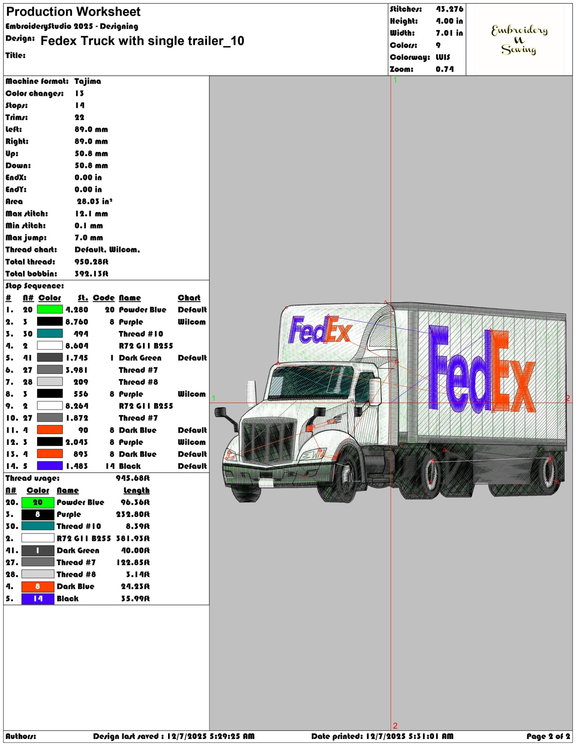 Fedex Truck with single trailer- Elegant embroidery design file - instant download — view 4