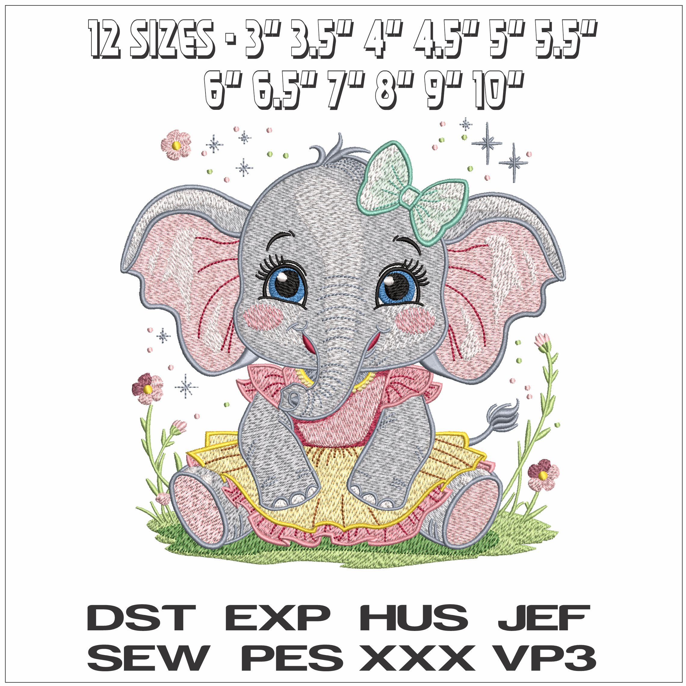 Female Baby Elephant in tutu- Elegant embroidery design file - instant download — view 2