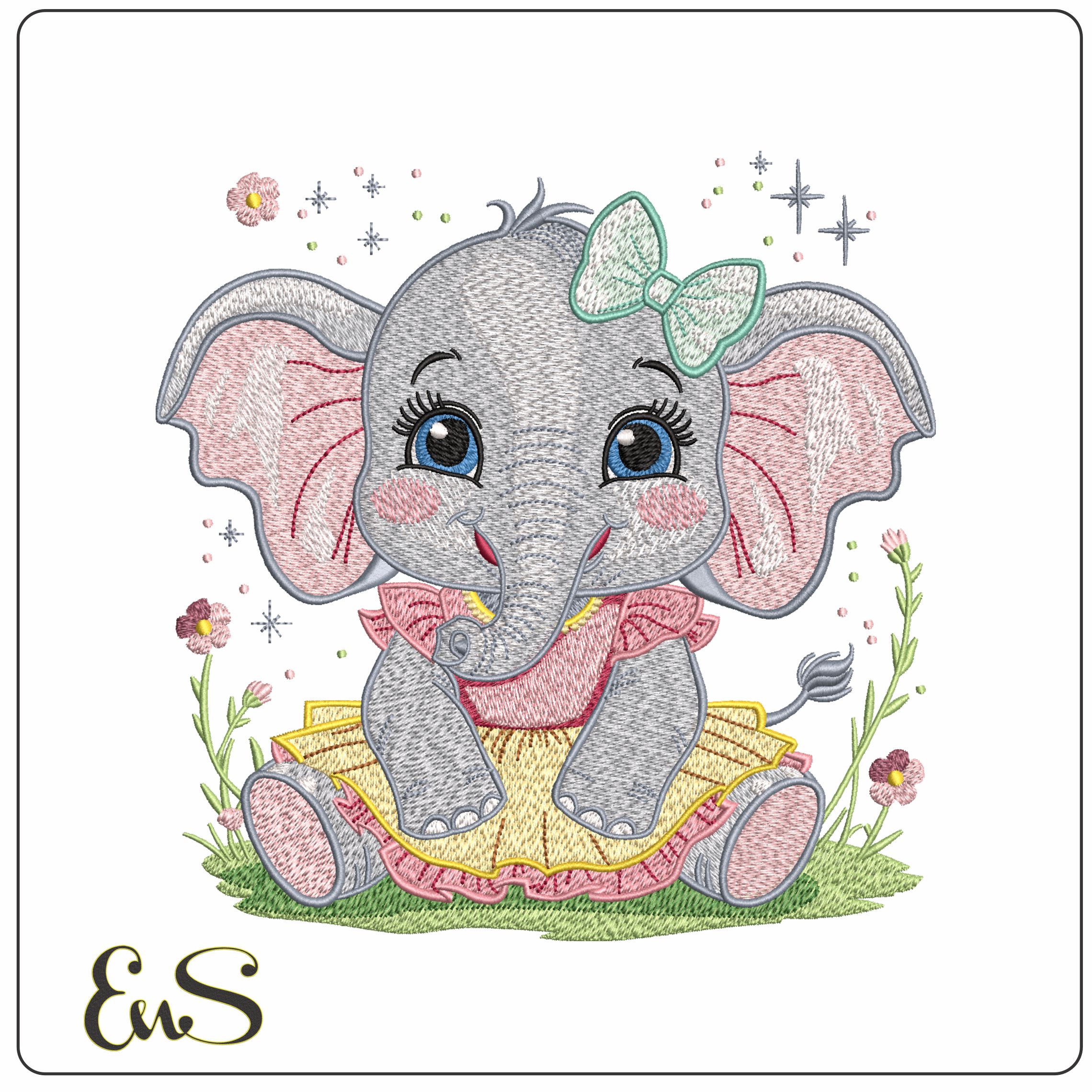 Female Baby Elephant in tutu- Elegant embroidery design file - instant download