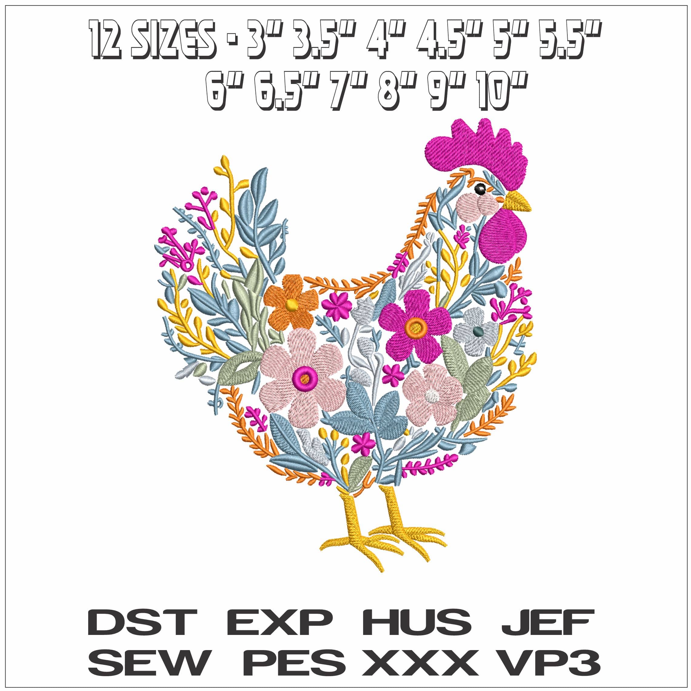 Floral chicken- Elegant embroidery design file - instant download — view 2